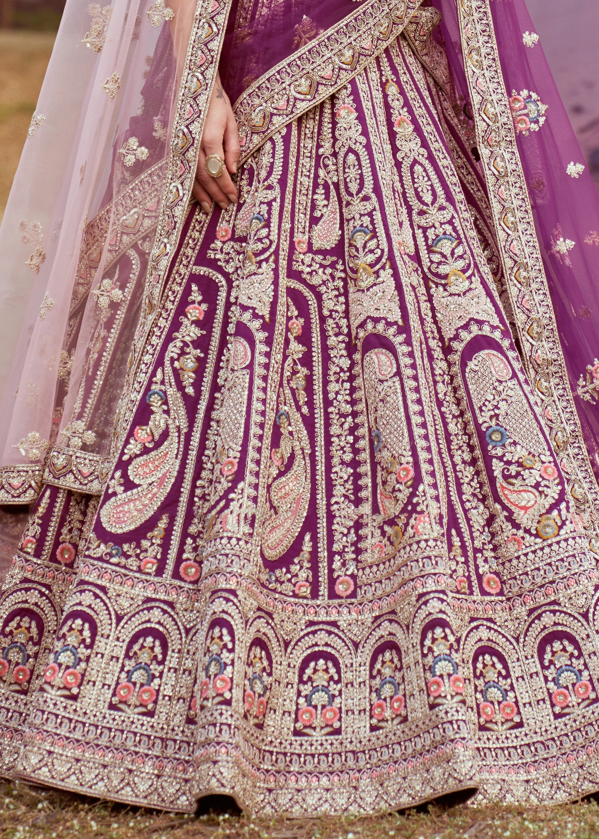 Purple Pure Silk Moti Coding Embroidery Bridal Lehenga | Ready To Wear - qivii