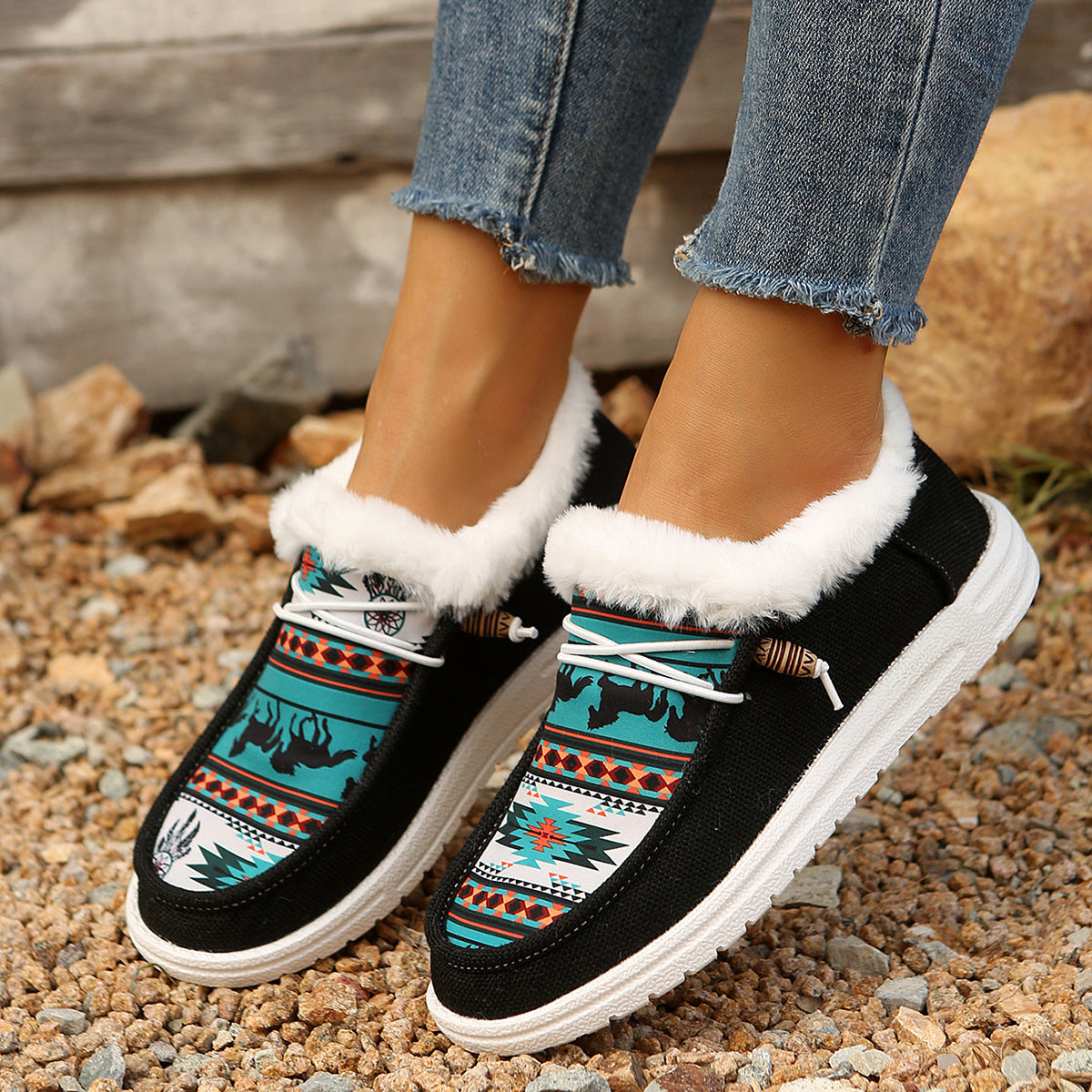 Women's Folklore Plush Flat Boots - Ethnic Print Lace-Up Winter Snow Shoes with Cozy Fleece Lining- US(5-10.5)