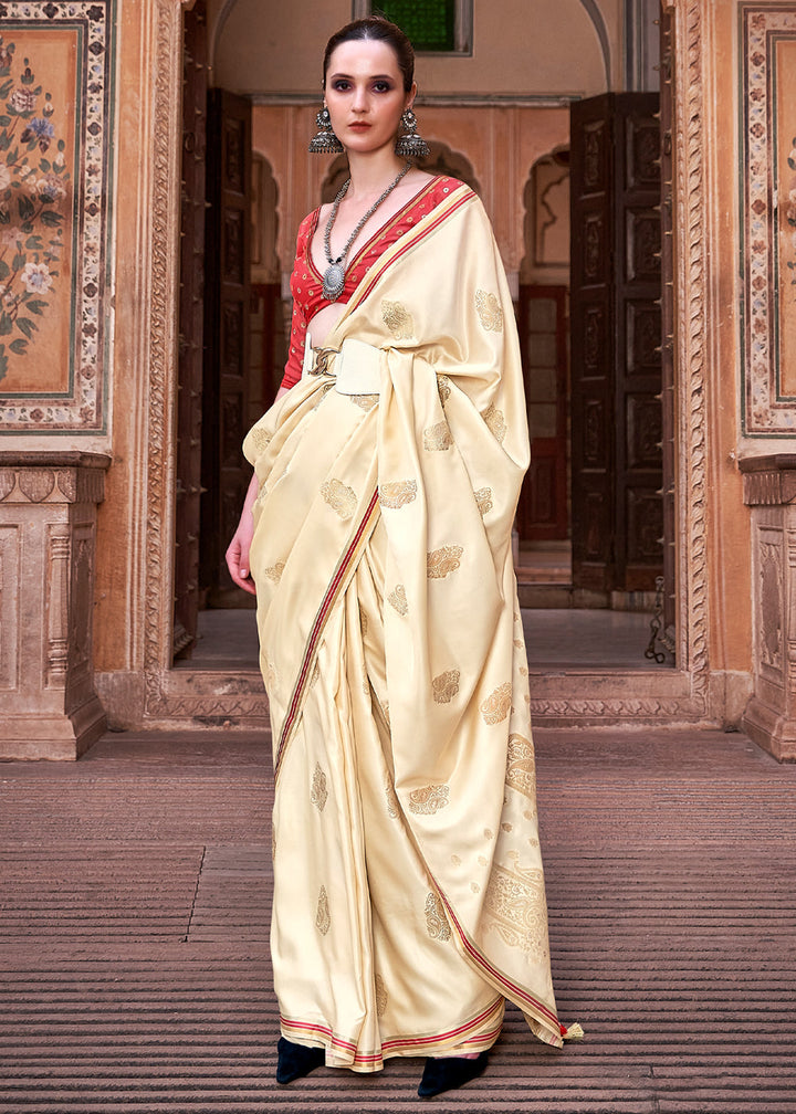 Cream Woven Satin Silk Saree With Contrast Brocade Blouse