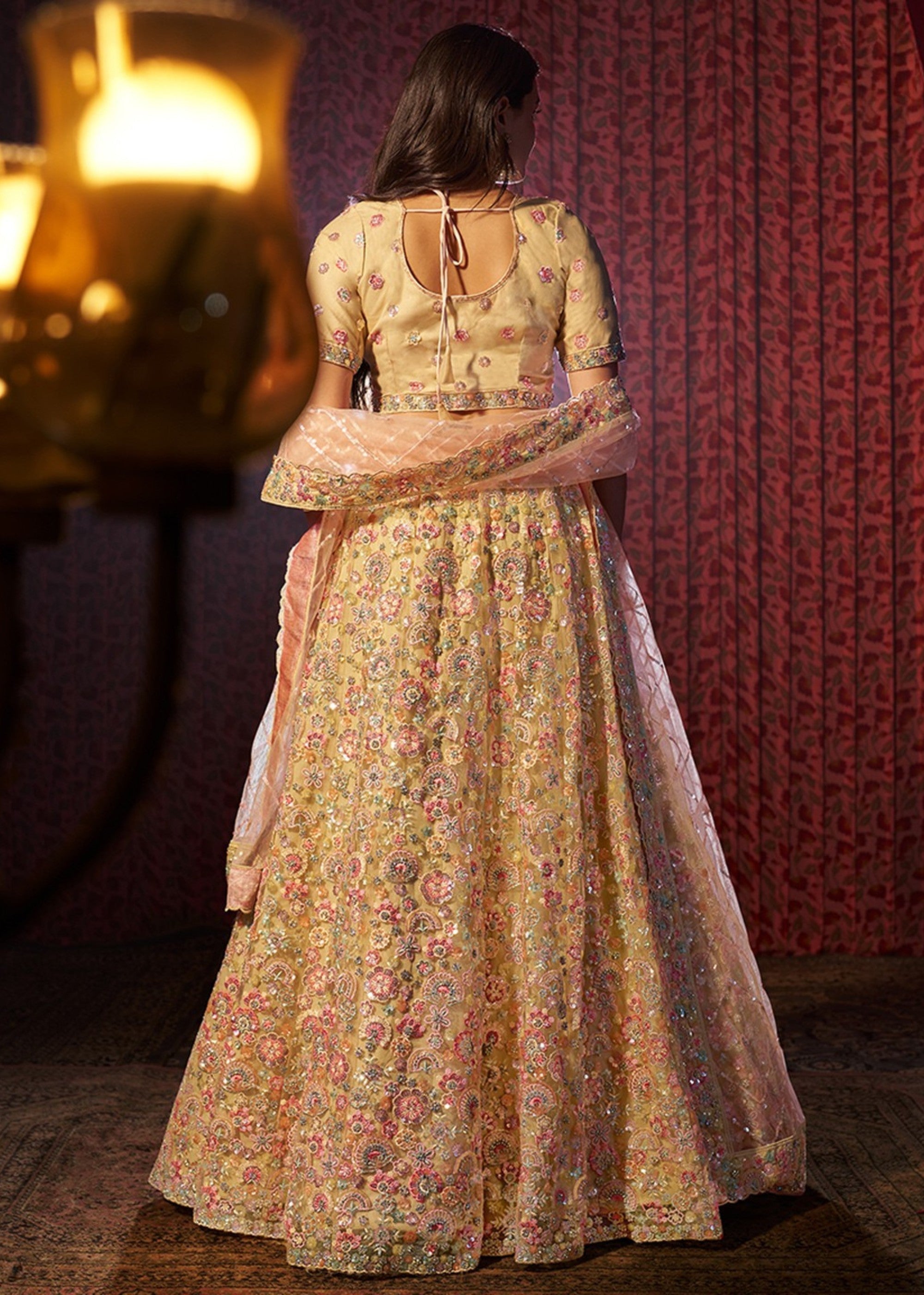 Beige Sequins Thread work Net Lehenga | Ready To Wear - qivii