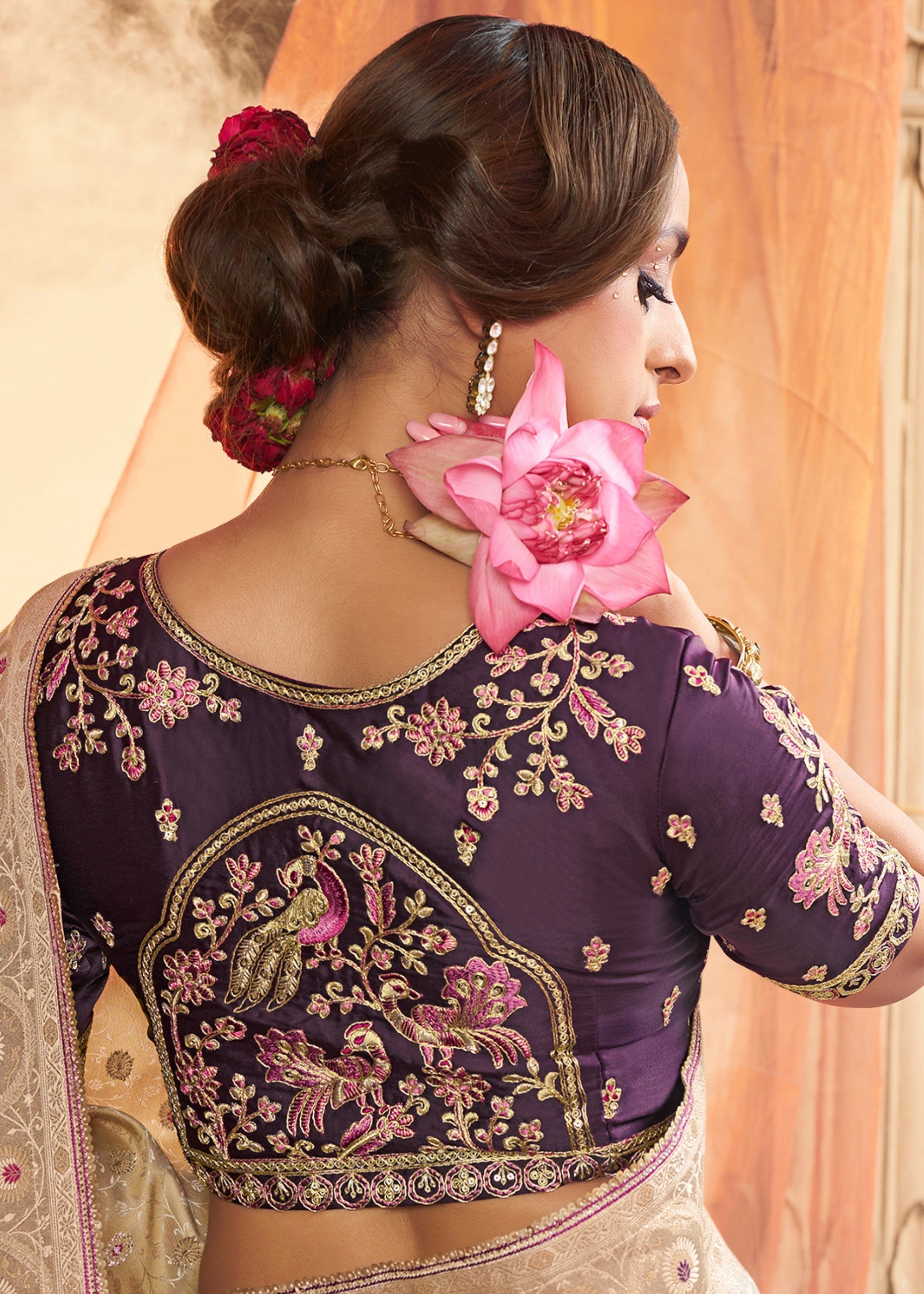 Warm White Satin Silk Saree With Beautiful Lace Border And Heavy Designer Embroidered Blouse - qivii