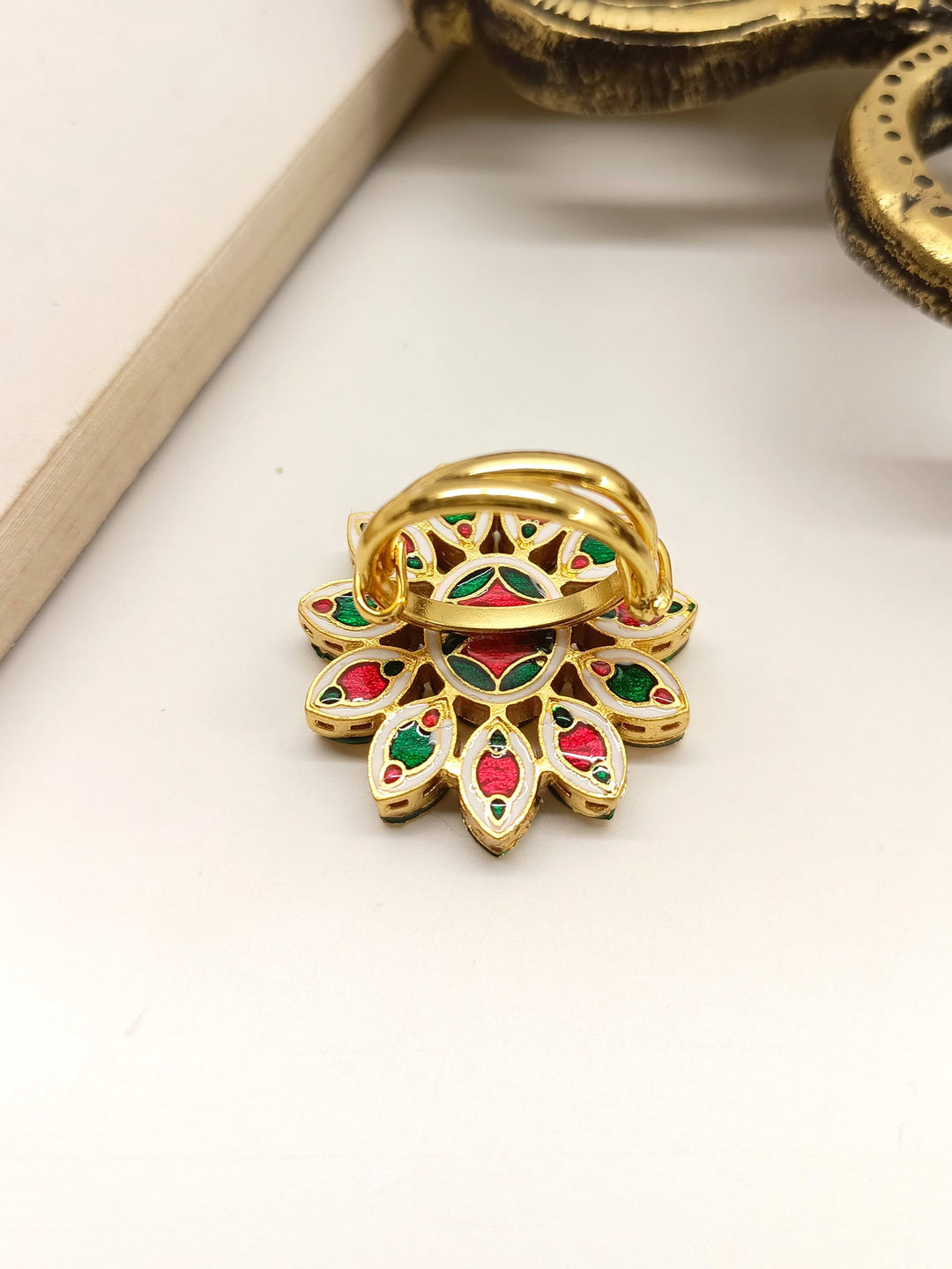  Elegant Sanmati White Kundan Finger Ring featuring Sparkling Gemstones and Gold Accents