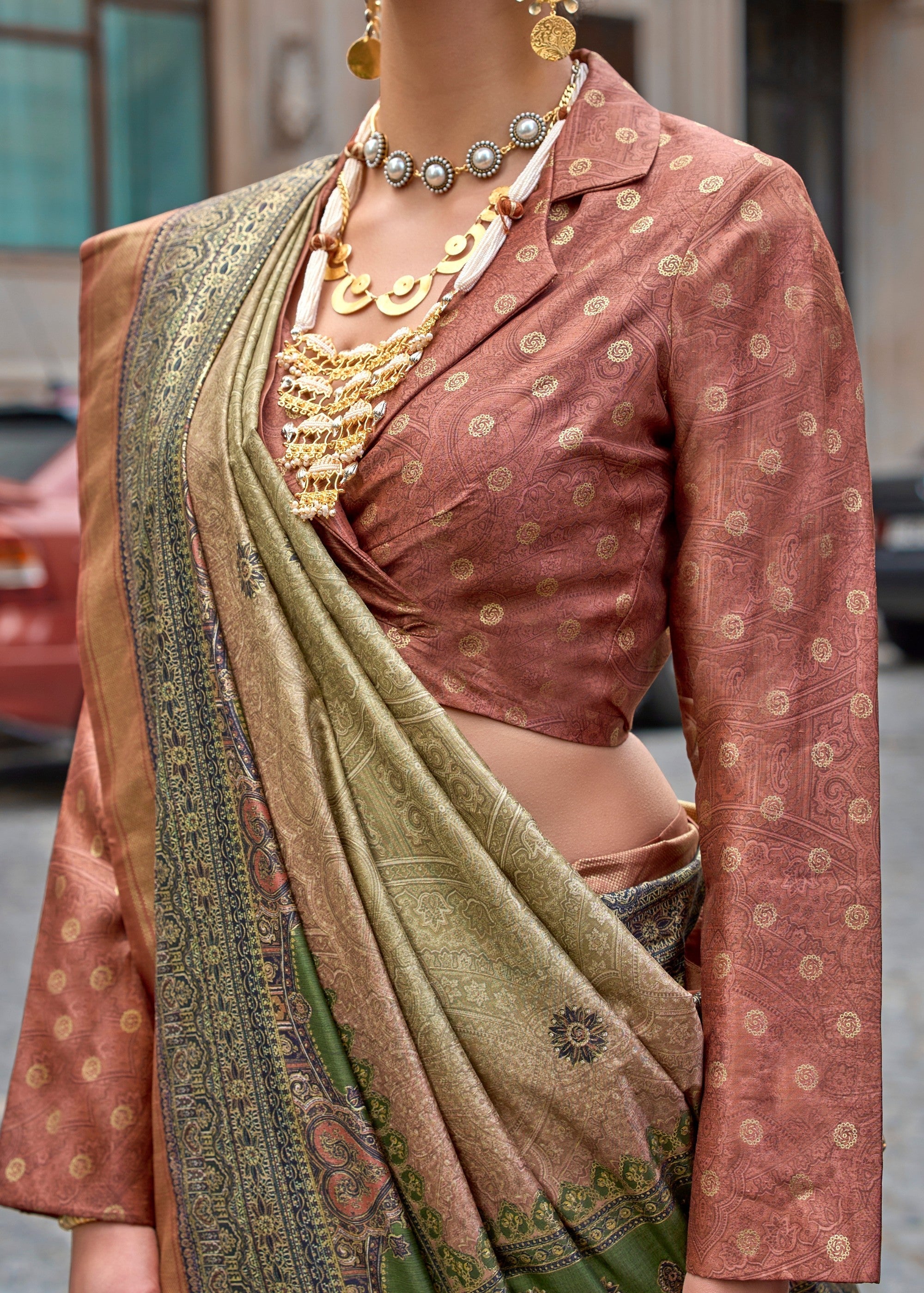 Moss Green Poly Viscose Silk Saree With Foil Print - qivii