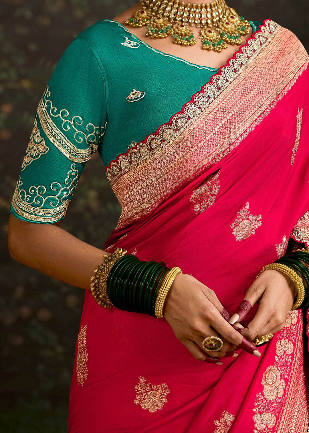 Pink and Teal Viscose silk Saree with zari work