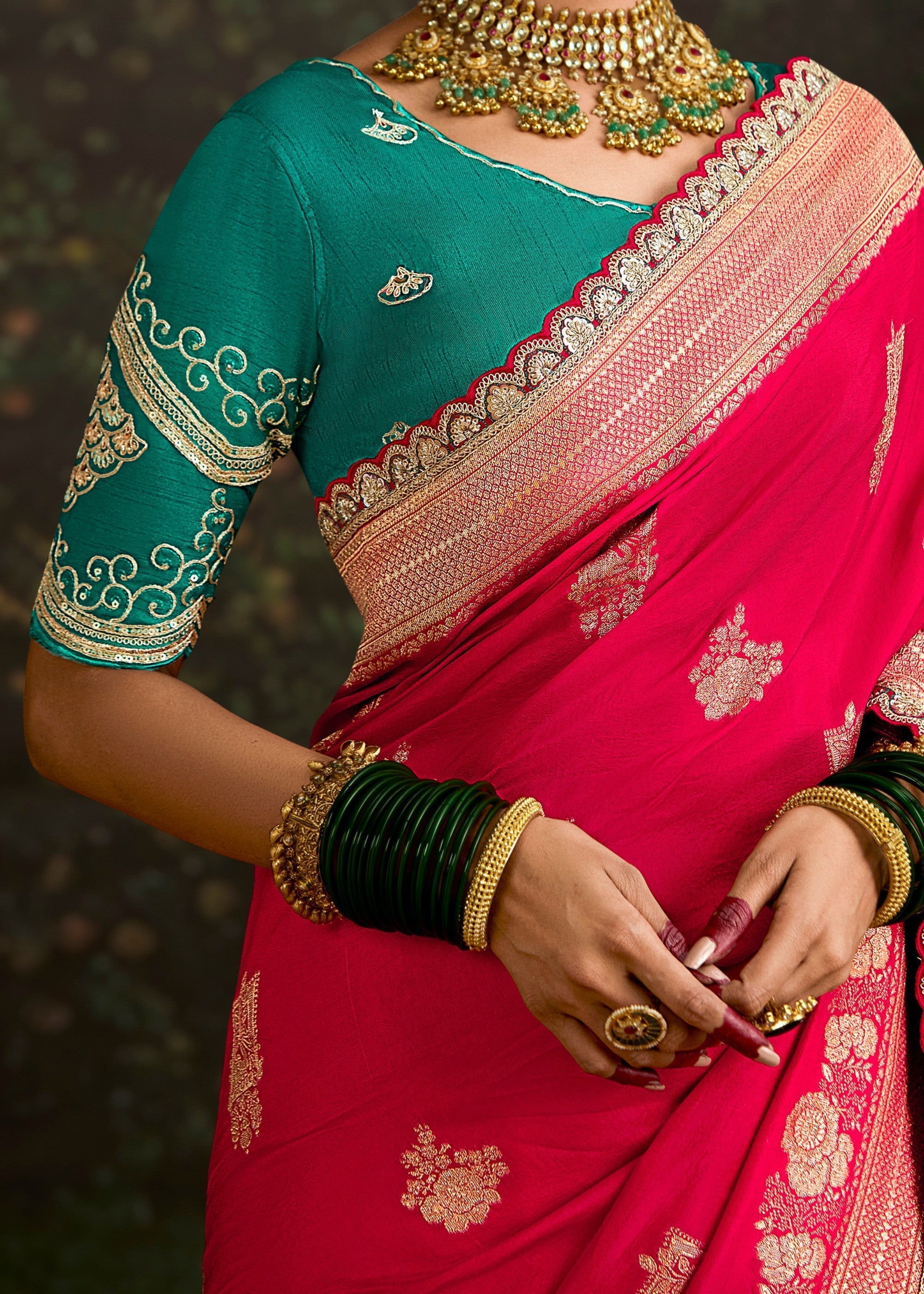 Pink and Teal Viscose silk Saree with zari work - qivii