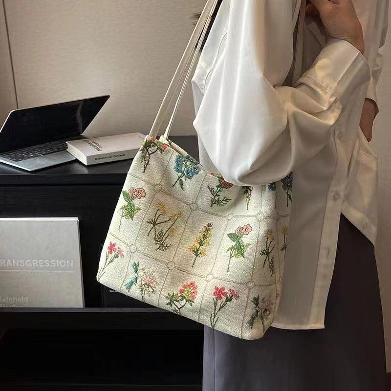 Women's Atelier Bloom Bucket — Artisan-Embroidered Canvas Commuter Tote with Structured Base & Dual Carry