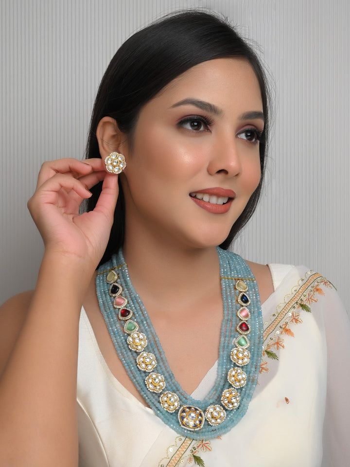 Janiyah Sky Blue Long Kundan Set