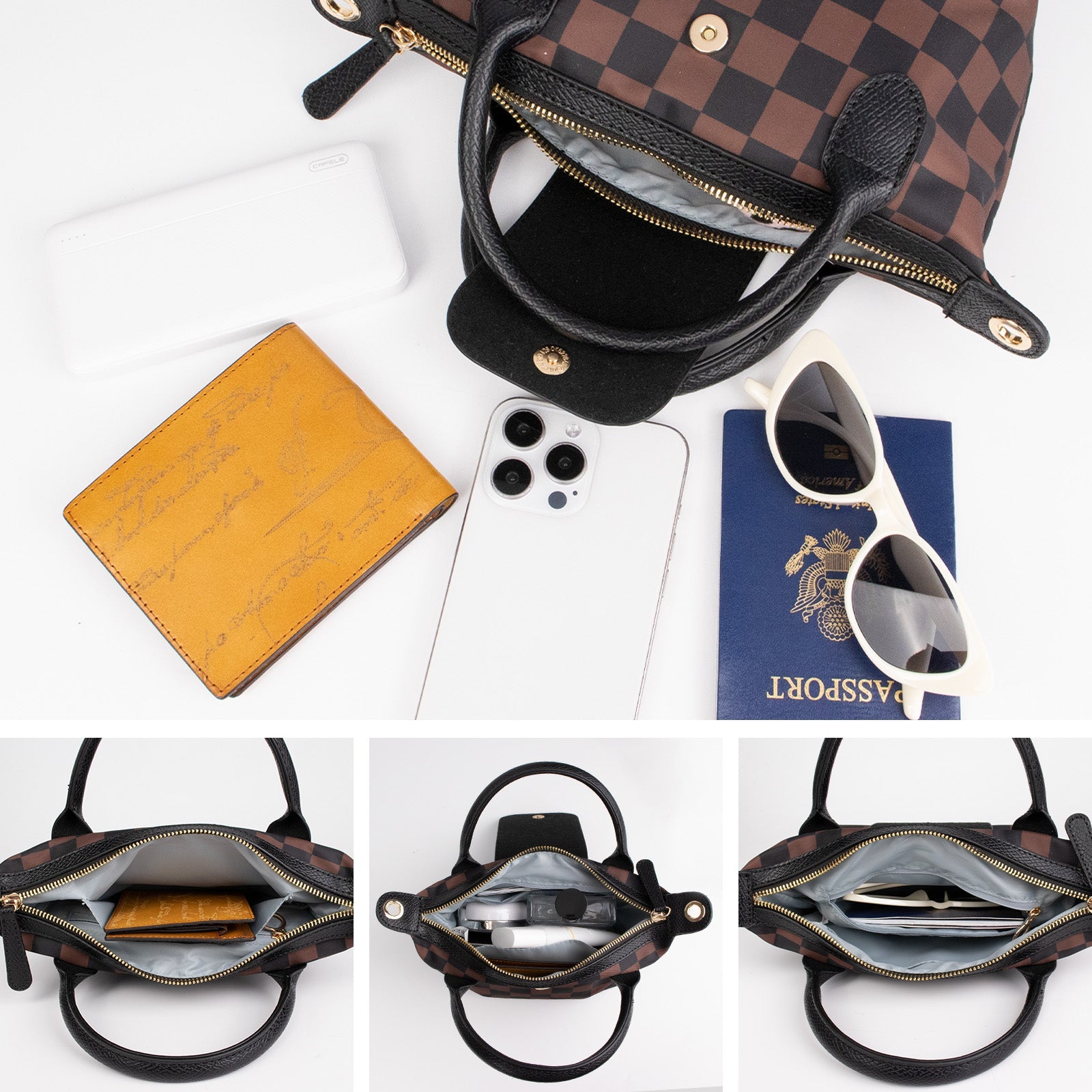 Ounamei Mini Checkered Nylon Crossbody Bag | Small Size Large Capacity 3-Way Carry Lightweight Tote
