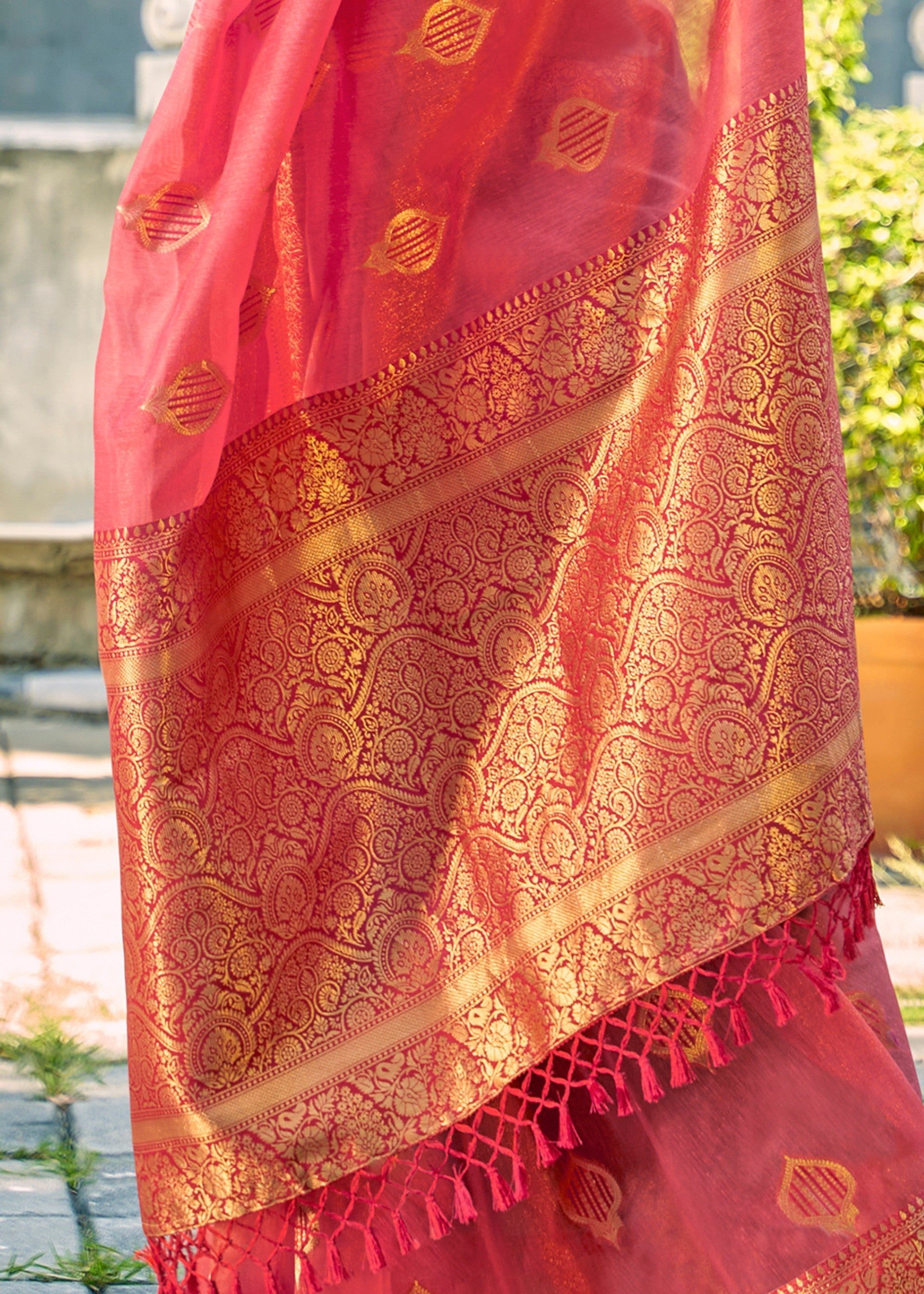 Coral Pink Soft Tissue Silk Saree With Contrast Border - qivii