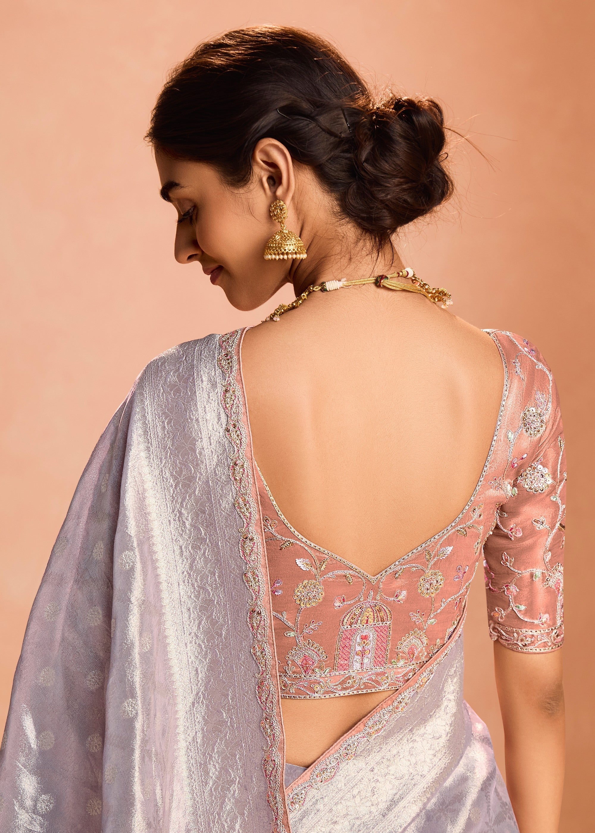 Periwinkle Purple Zari Tissue Silk Saree With Weaving Work And Heavy Embroidery Lace - qivii