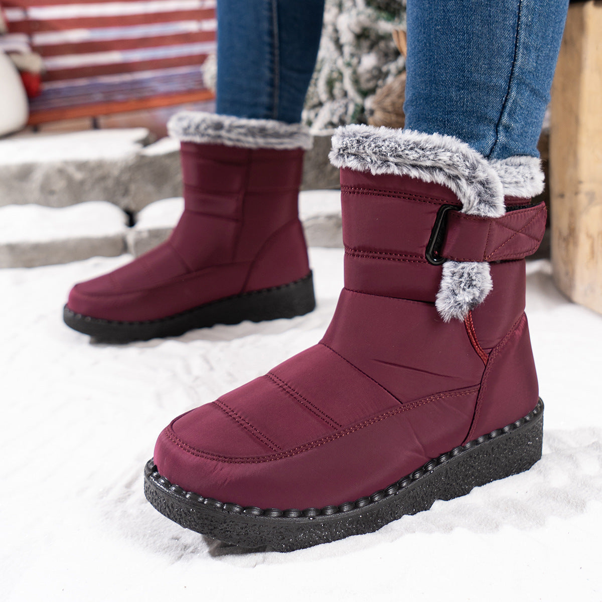 Women's Mira Waterproof Snow Boots - Plush Faux Fur Cuff with Easy Hook-and-Loop Strap & Lug Sole (US 5-11.5)