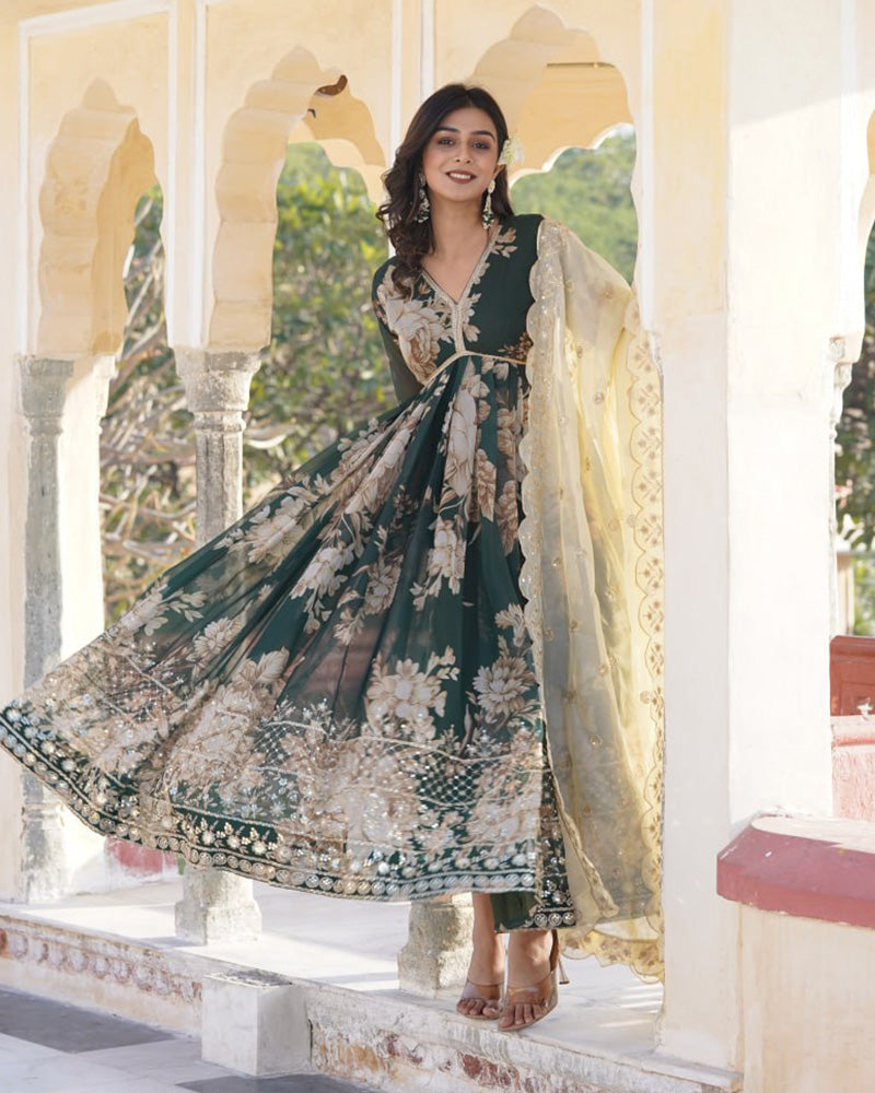 High-quality designer olive green gown with a complementary dupatta