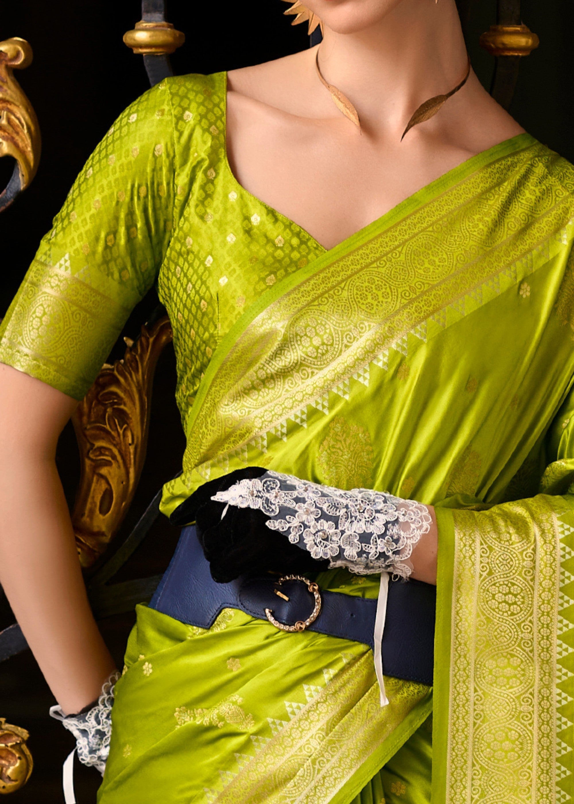 Volt Green Satin Mungha Silk Saree - qivii