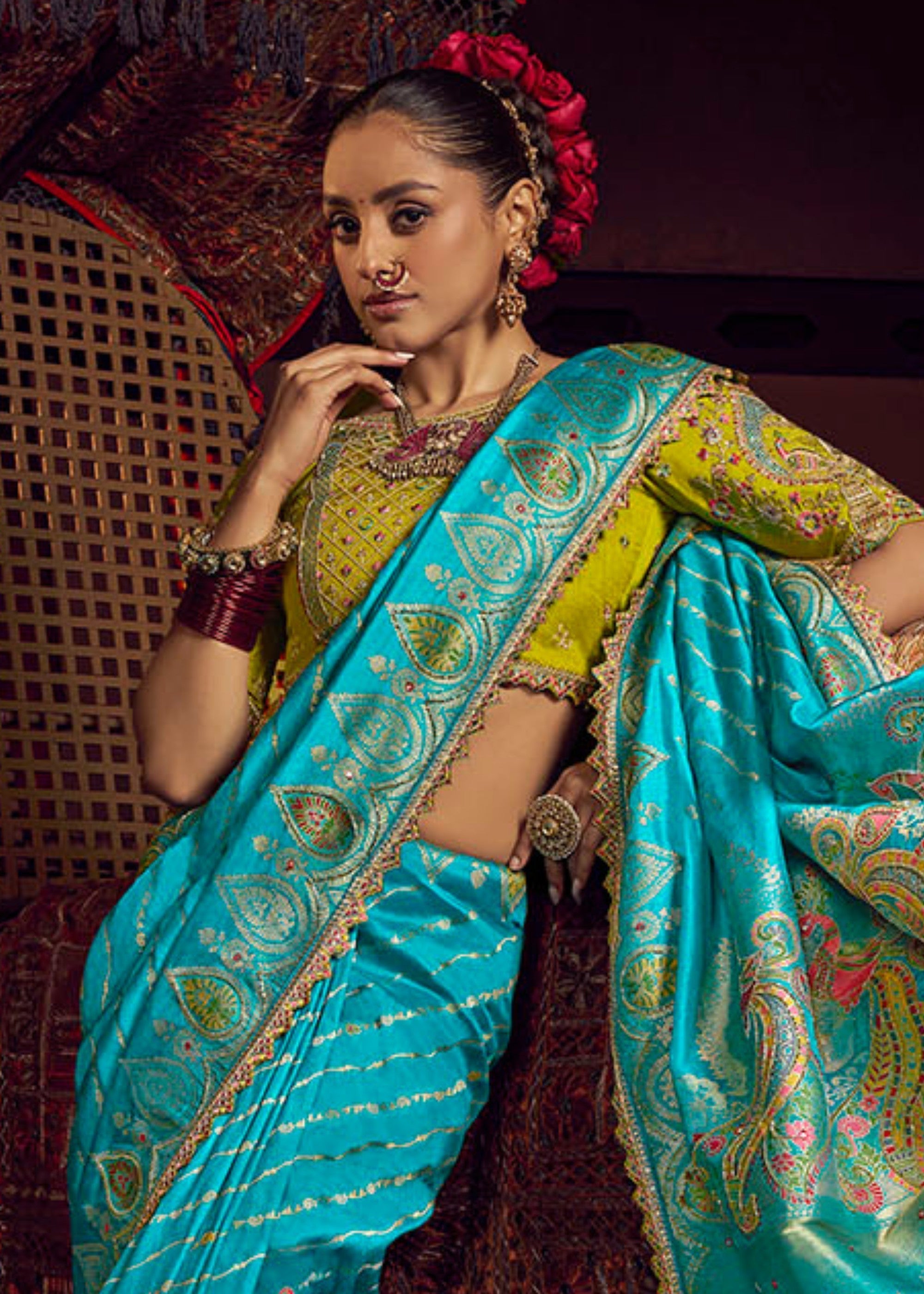 Cyan Blue Pure Viscose Dola Silk Saree With Handwork On Blouse And Pallu - qivii