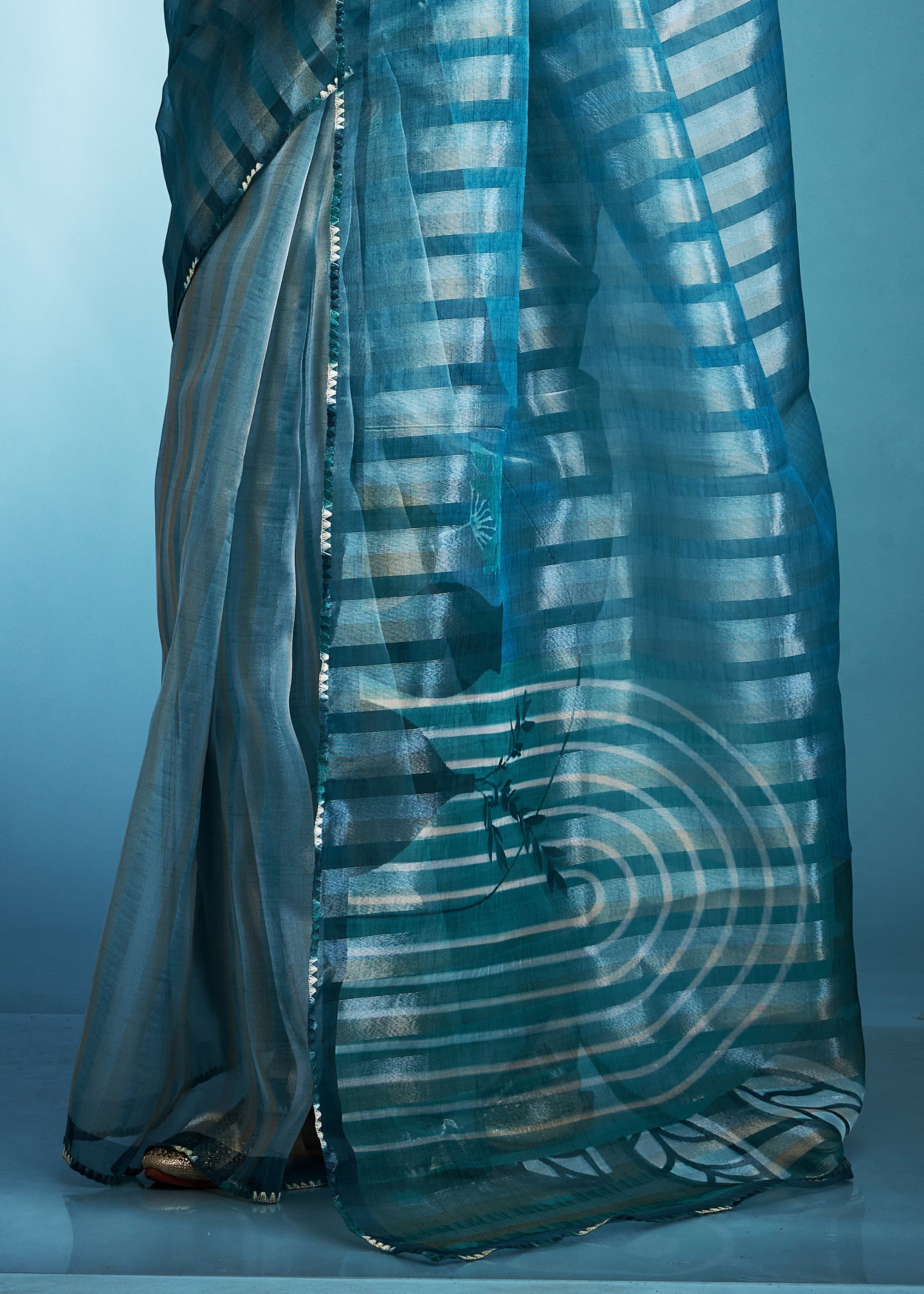 Turquoise Blue Tissue Silk Saree With Floral Print - qivii