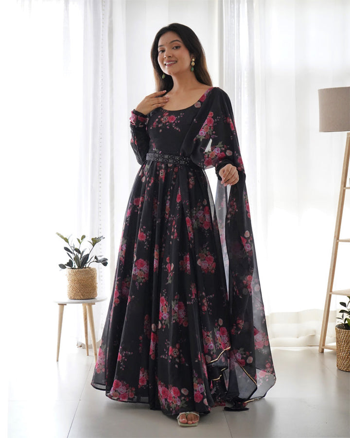 Gorgeous Black Organza Anarkali Suit by Qivii with Floral Print and Elegant Design