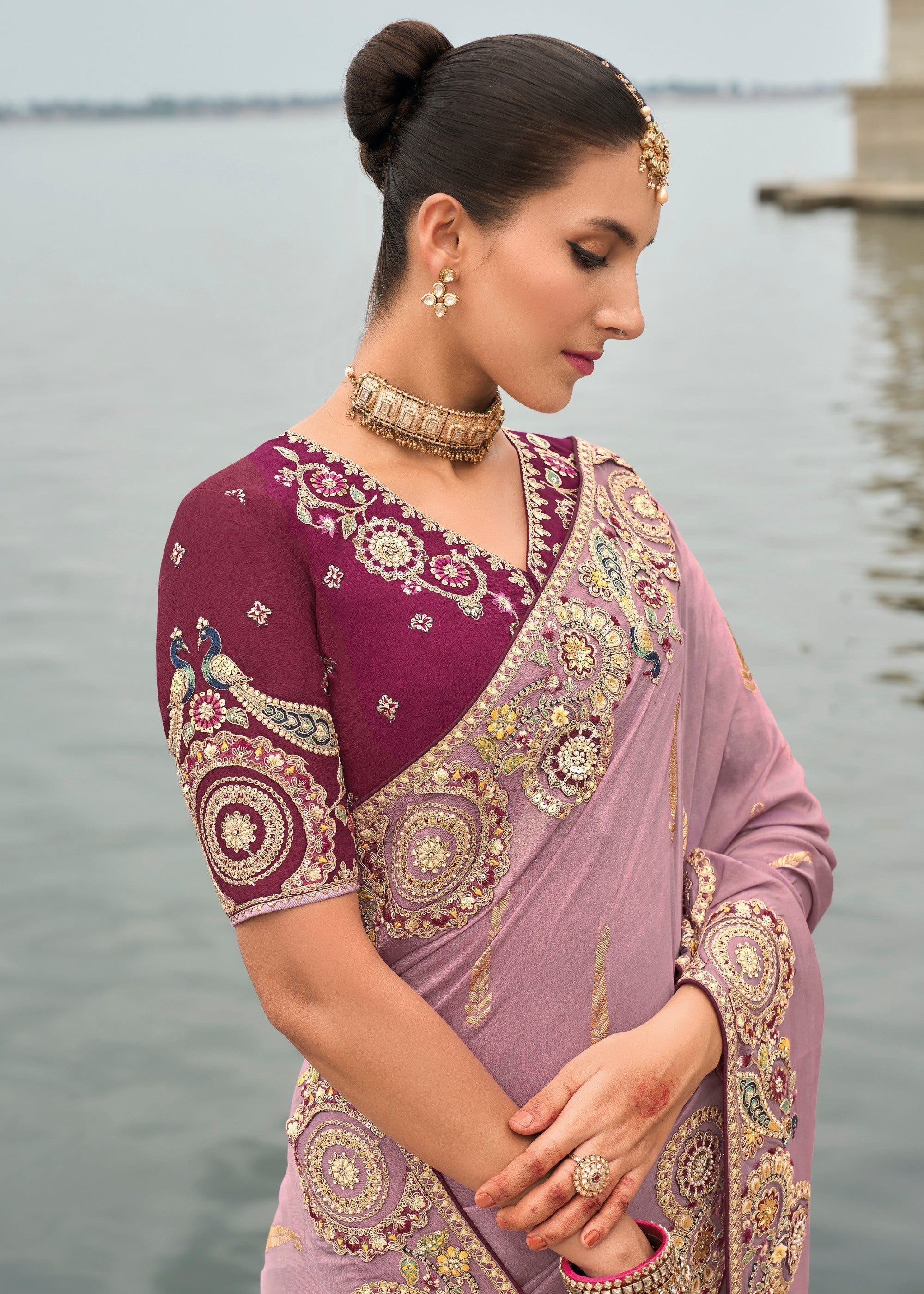 Lilac Purple Viscose Tissue Silk Saree With Embroidery Cut Work Border And Sequence Work - qivii