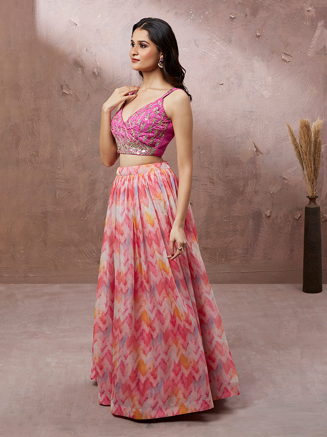 Pink Organza Floral Printed Stitched Lehenga choli & Dupatta