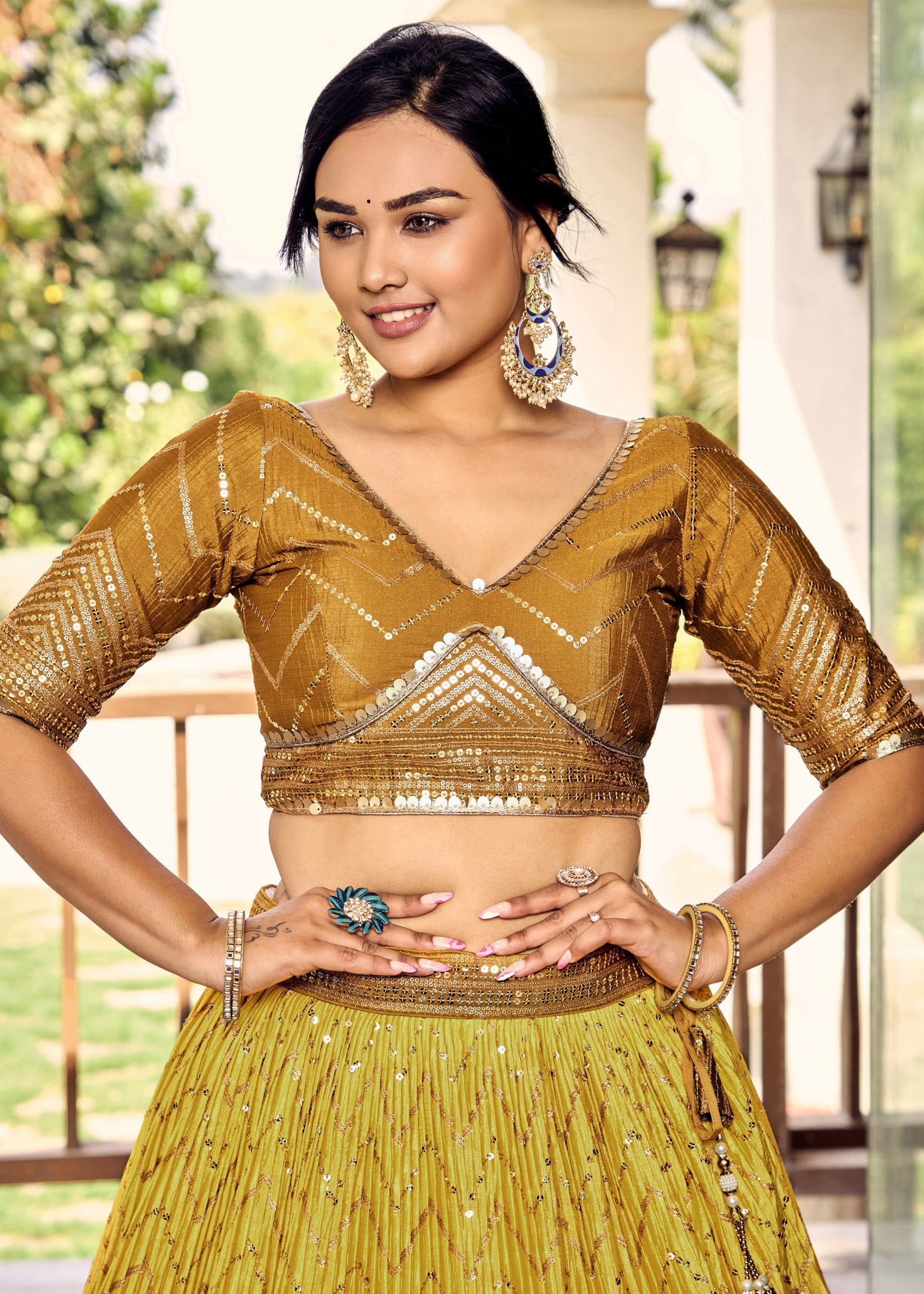 Butterscotch Yellow Chinon Silk Lehenga With Sequence and Thread Embroidery Work | Ready To Wear - qivii