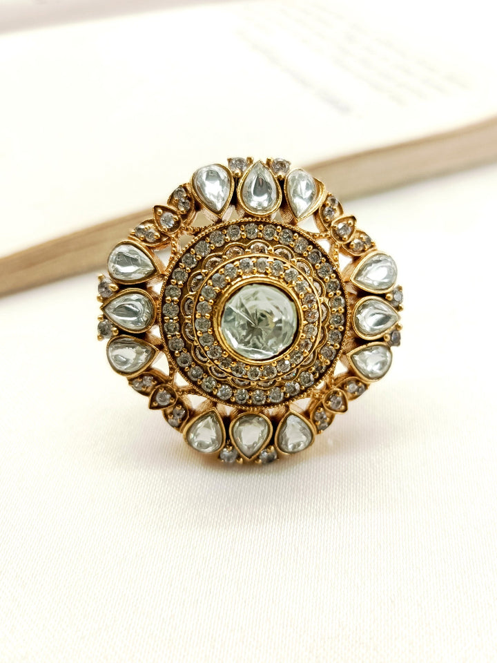 Beautiful Jivanta White Kundan Finger Ring with intricate gold detailing and sparkling gemstones