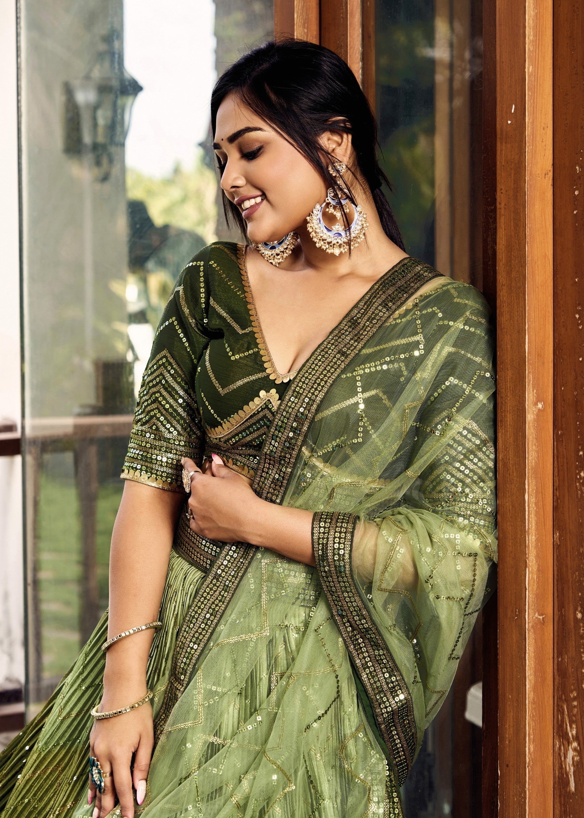 Mehendi Green Chinon Silk Lehenga With Sequence and Thread Embroidery Work | Ready To Wear - qivii
