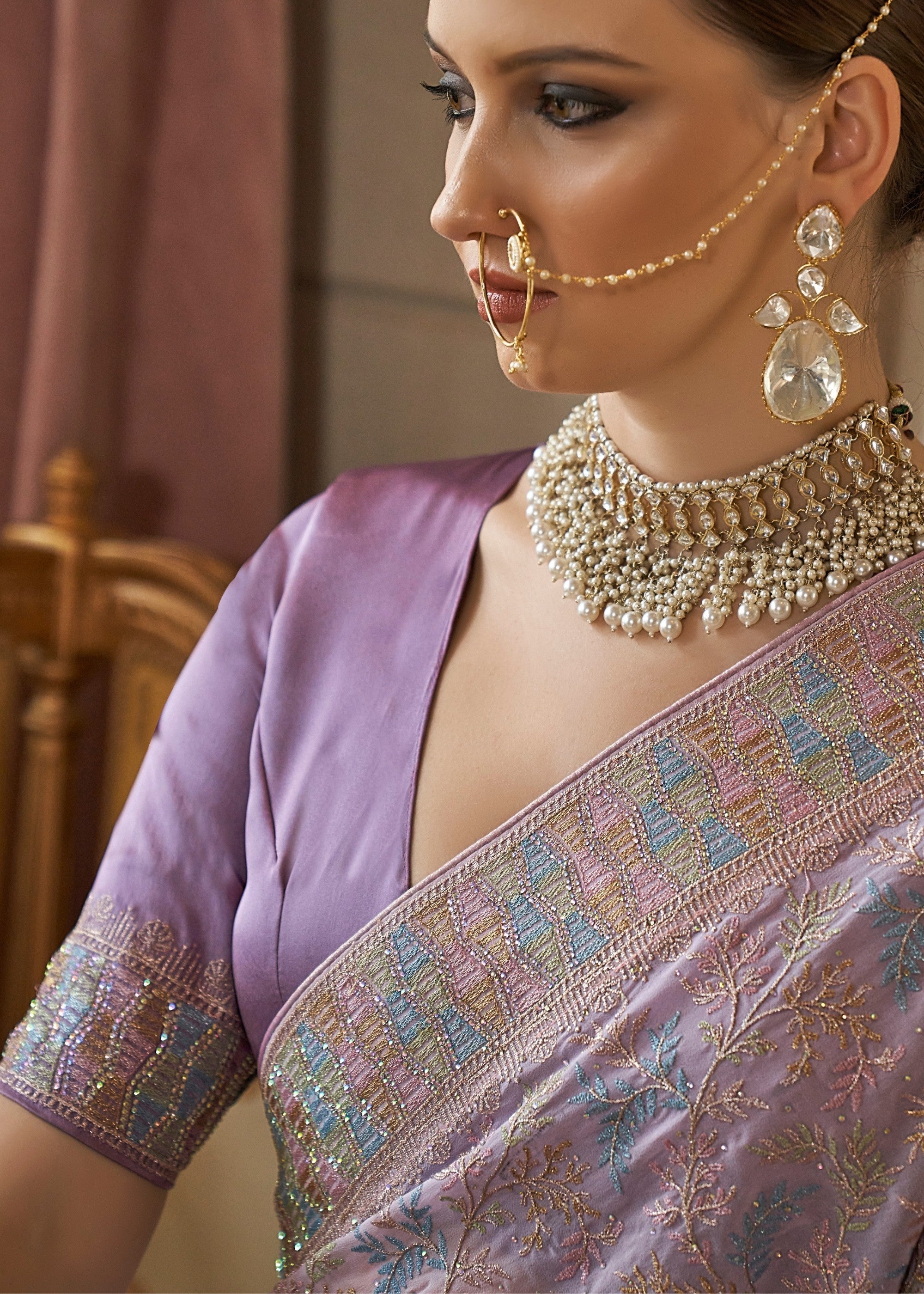 Lilac Purple Fancy Tissue Saree With Unique Work And Designer Blouse - qivii