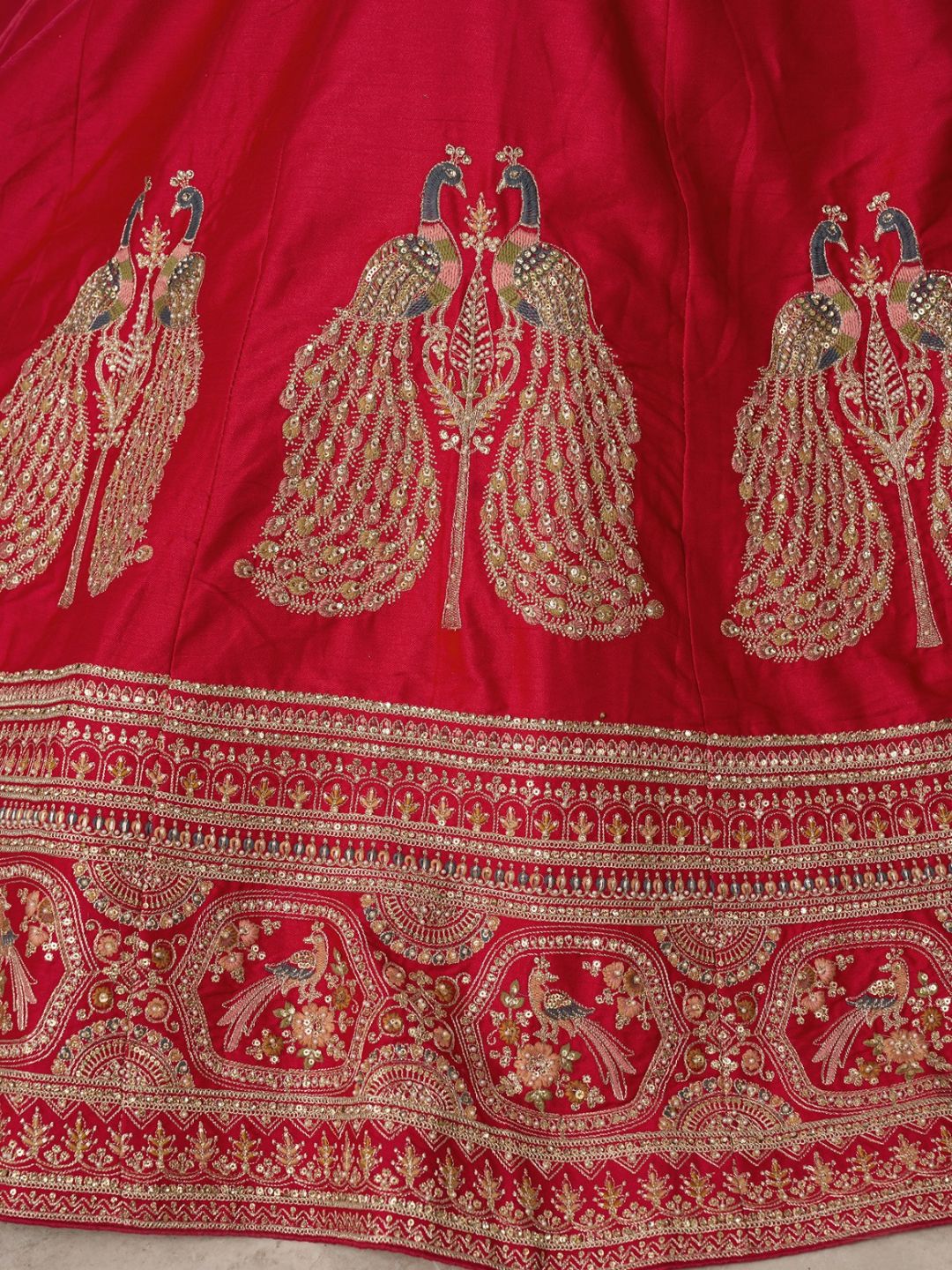 Premium Red Silk Lehenga Set with Peacock-Inspired Craftsmanship