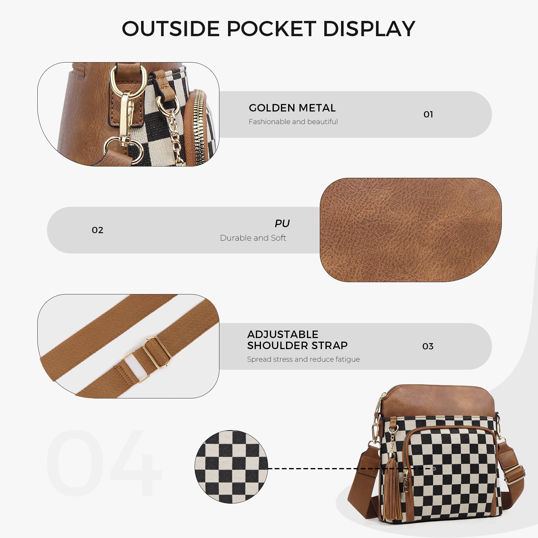 Ounamei Checkered Crossbody Bag in PU Leather & Canvas | Lightweight Shoulder Bag for Women
