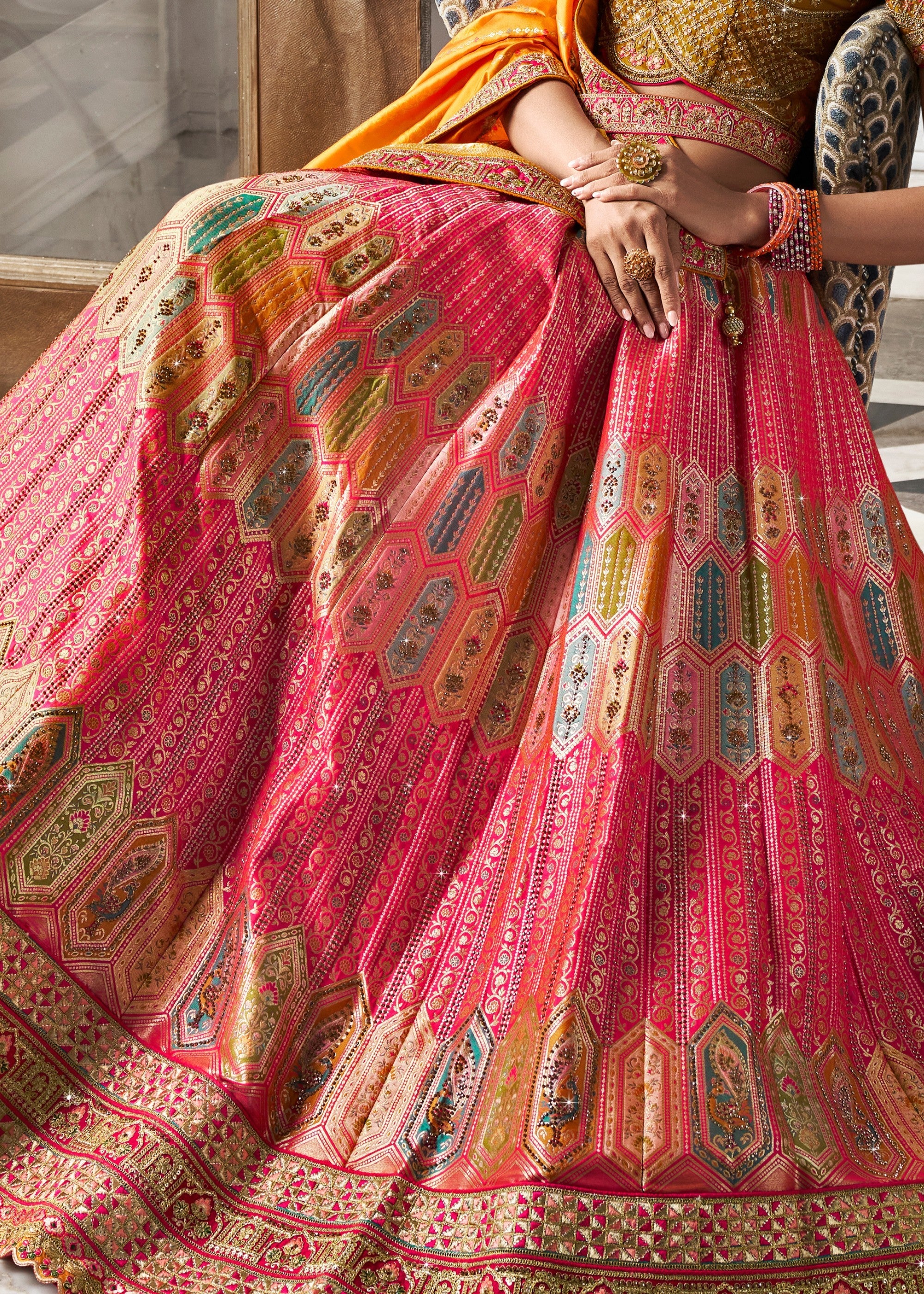 Mustard Yellow & Orange Banarasi Silk Lehenga with Zarkan Codding work | Ready To Wear - qivii