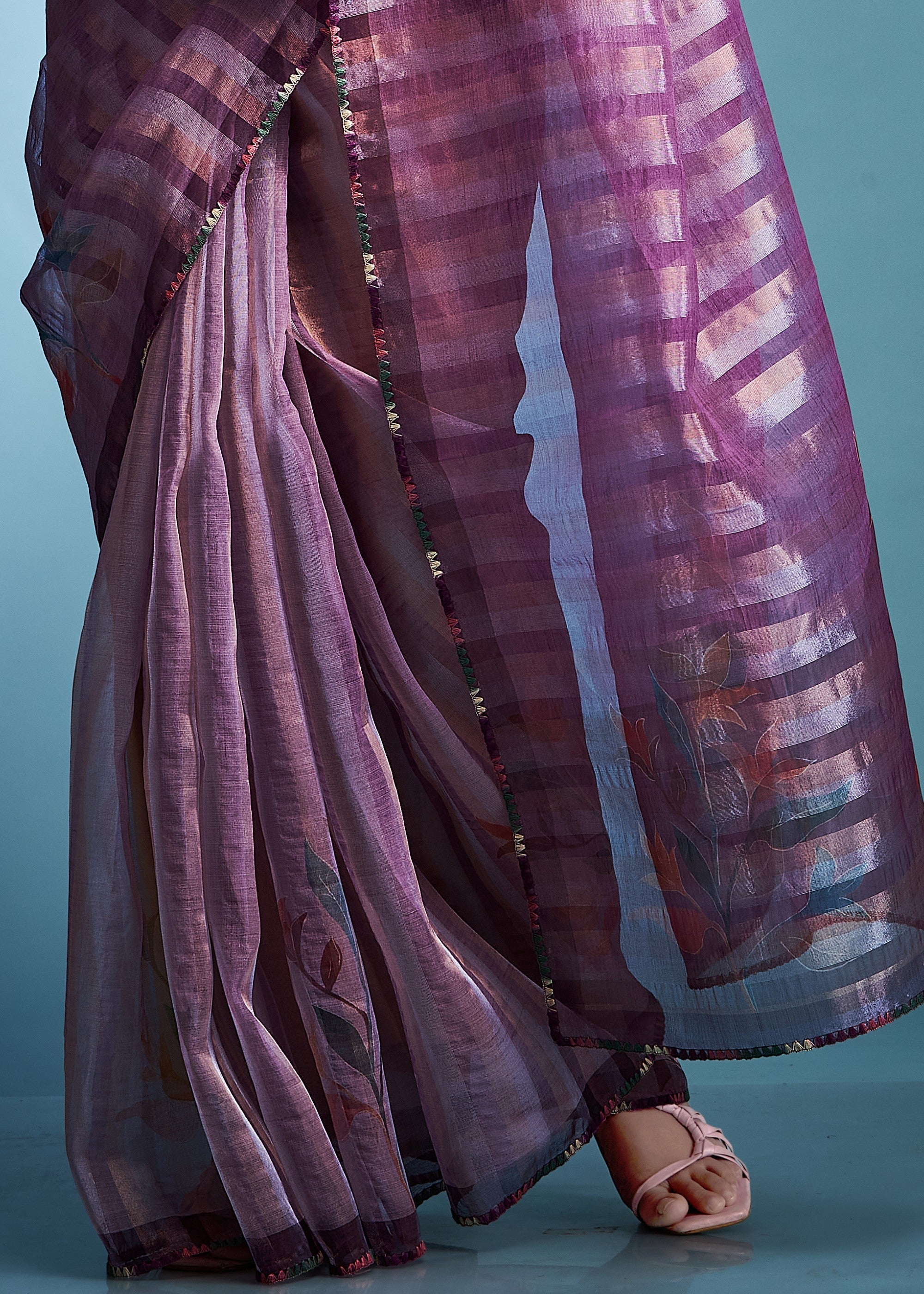 Electric Purple Tissue Silk Saree With Floral Print - qivii