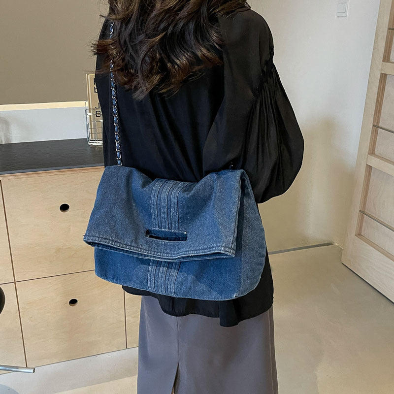 Women's Vintage Denim Tote Bag with Chain Strap – Structured Large-Capacity Crossbody & Shoulder Bag