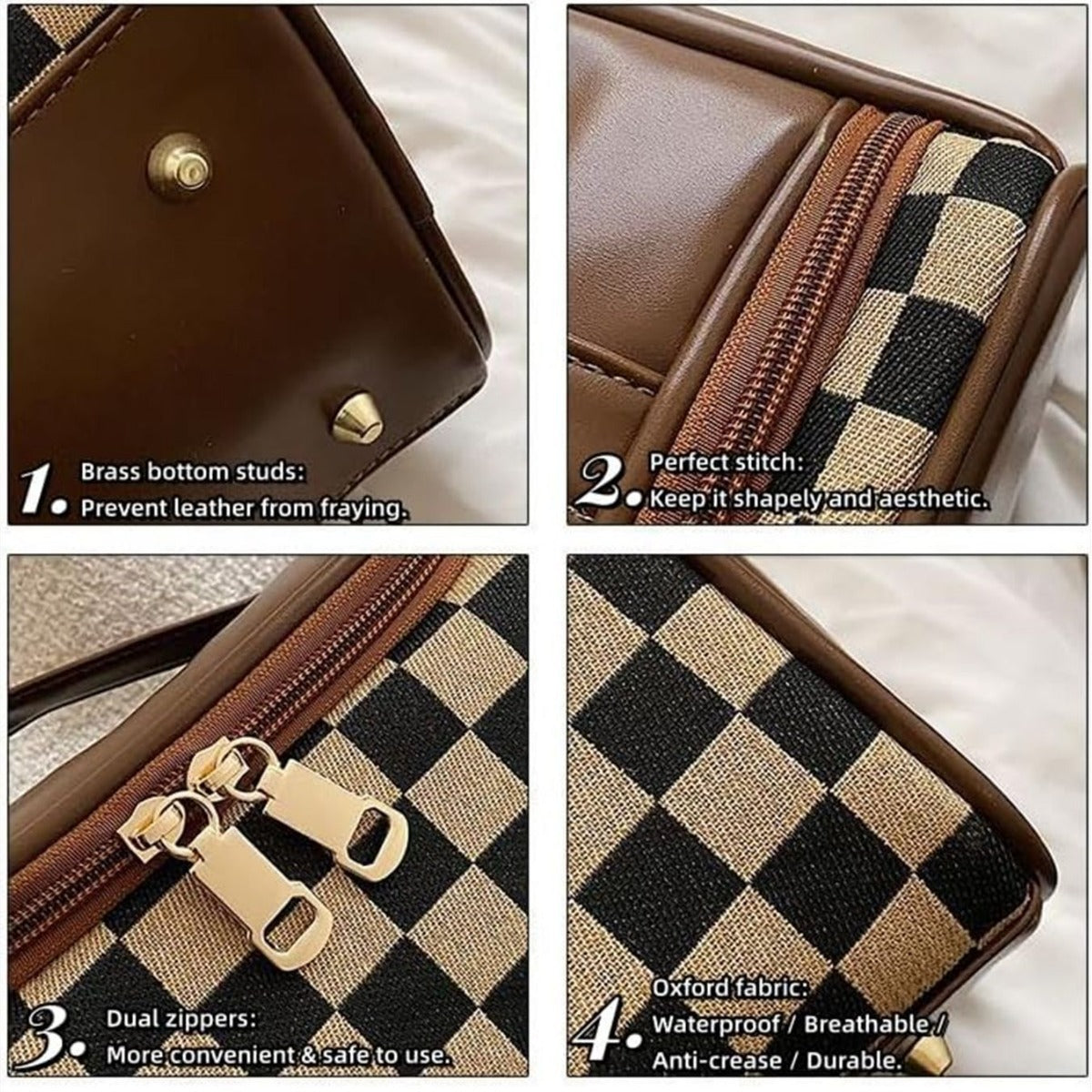 Ounamei Checkered Makeup Bag for Women | Canvas & PU Leather Large Capacity Cosmetic Organizer for Travel