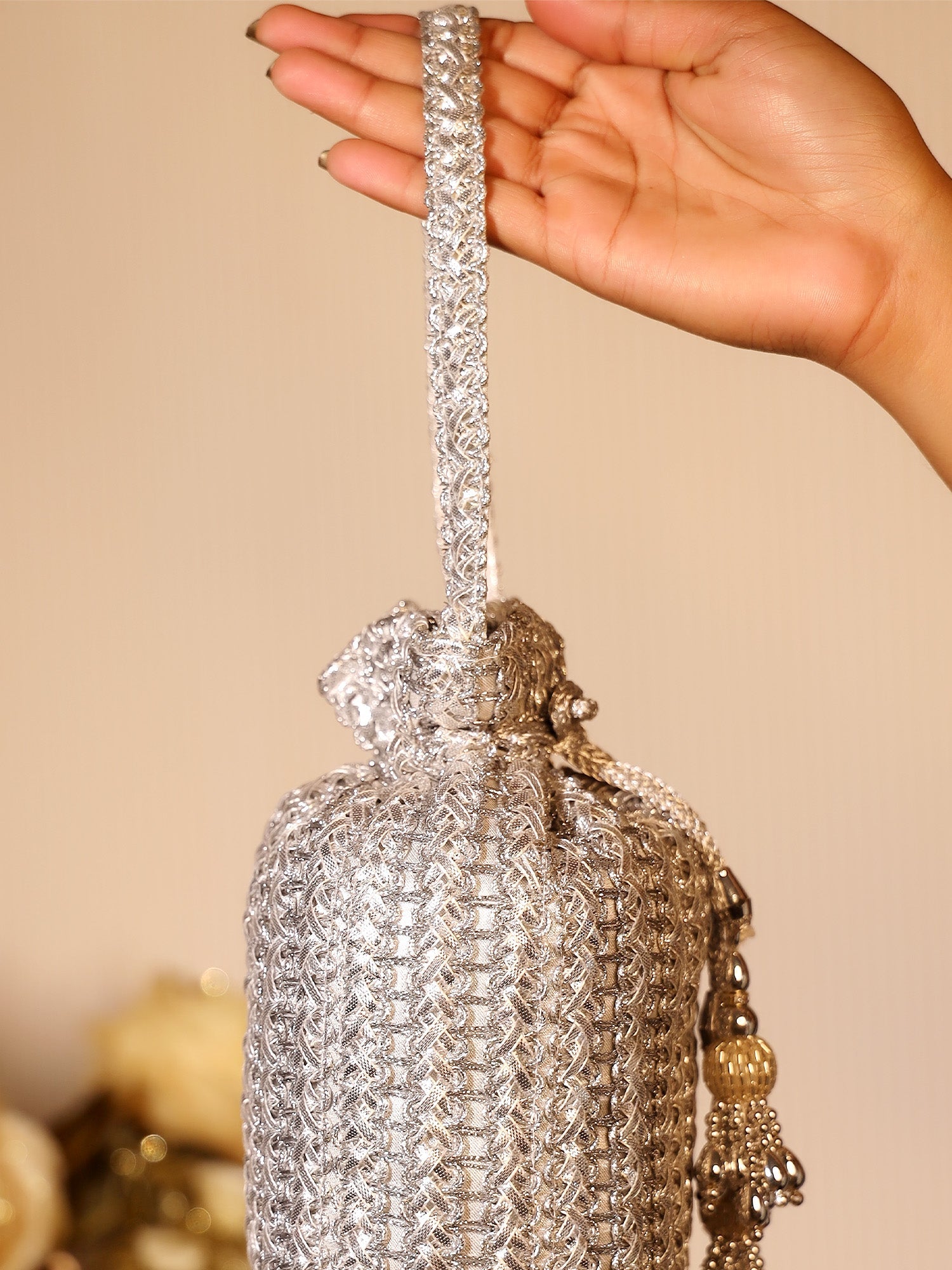 Gopi Silver Potli Bag - qivii