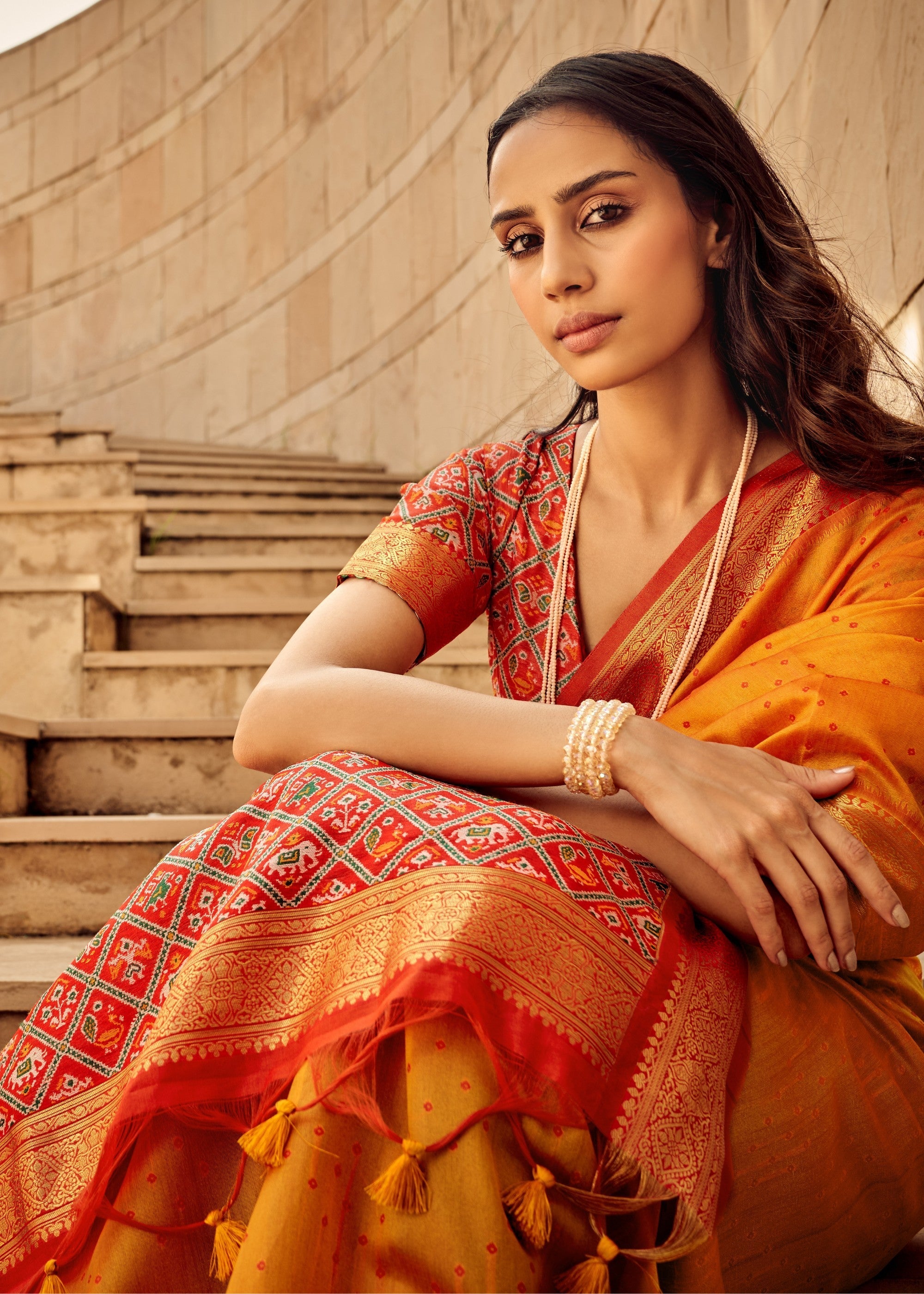 Orange Handloom Weaving Silk Saree - qivii