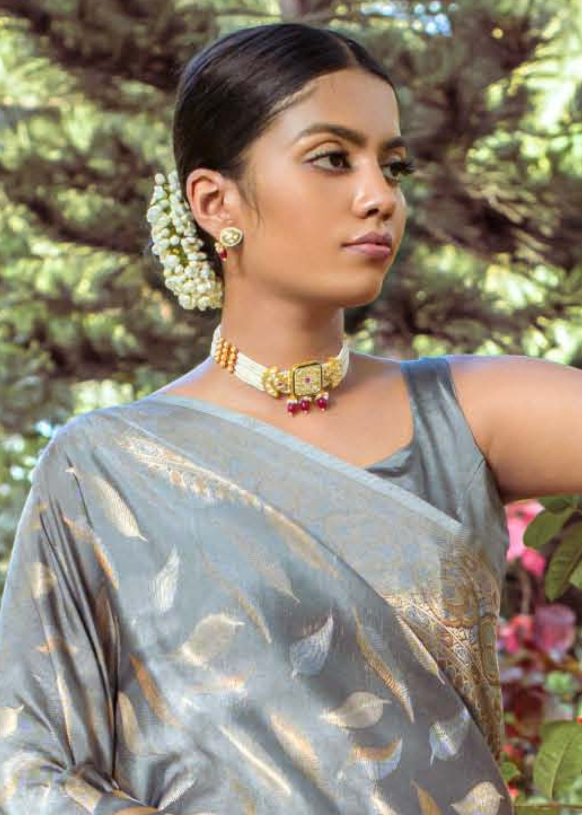 Flint Grey Zari Woven Silk Saree - qivii