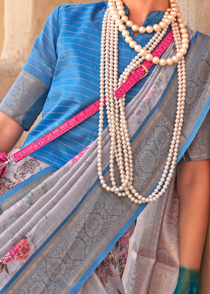 Vivid Blue and Gray Printed Handloom Georgette Saree