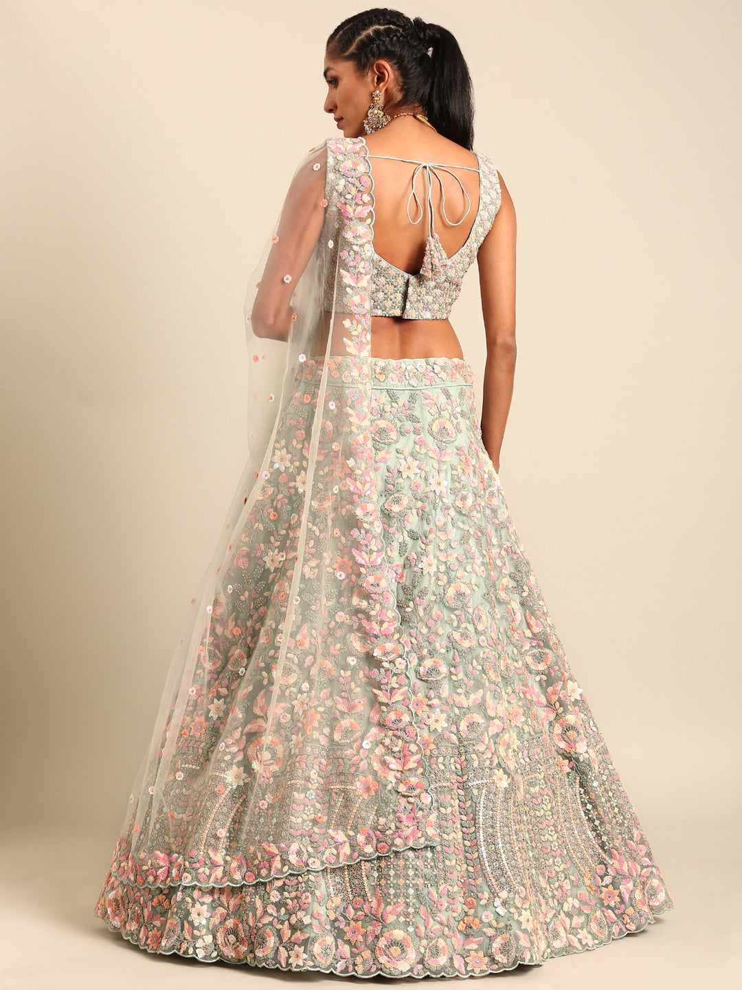 Multi Sequins Embroidered Net Stitched Bridal Lehenga choli