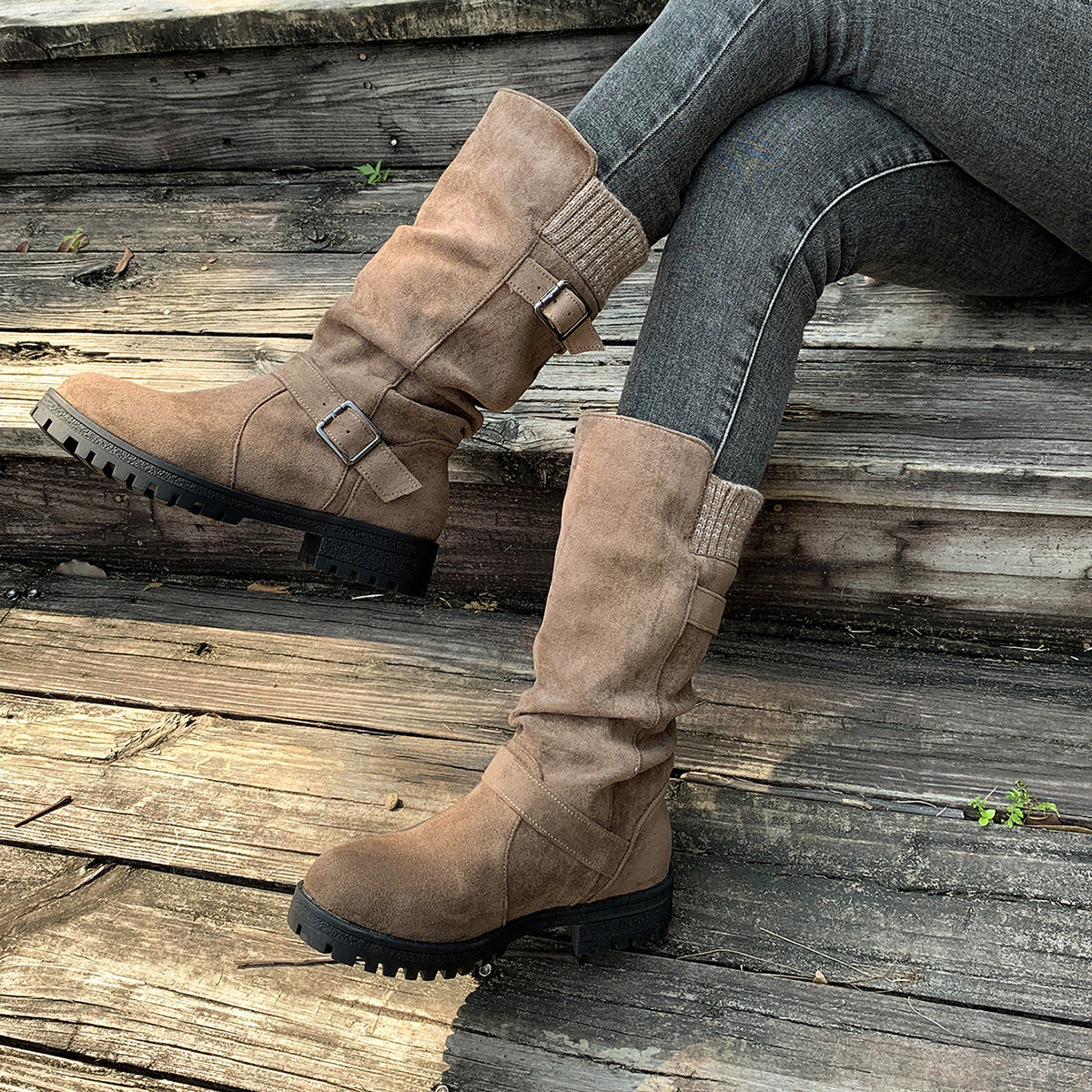 Women’s RanchWrap Buckle Mid-Calf Suede Boots – Knit Cuff Western-Style Slouchy Shoes (US 5–10.5)