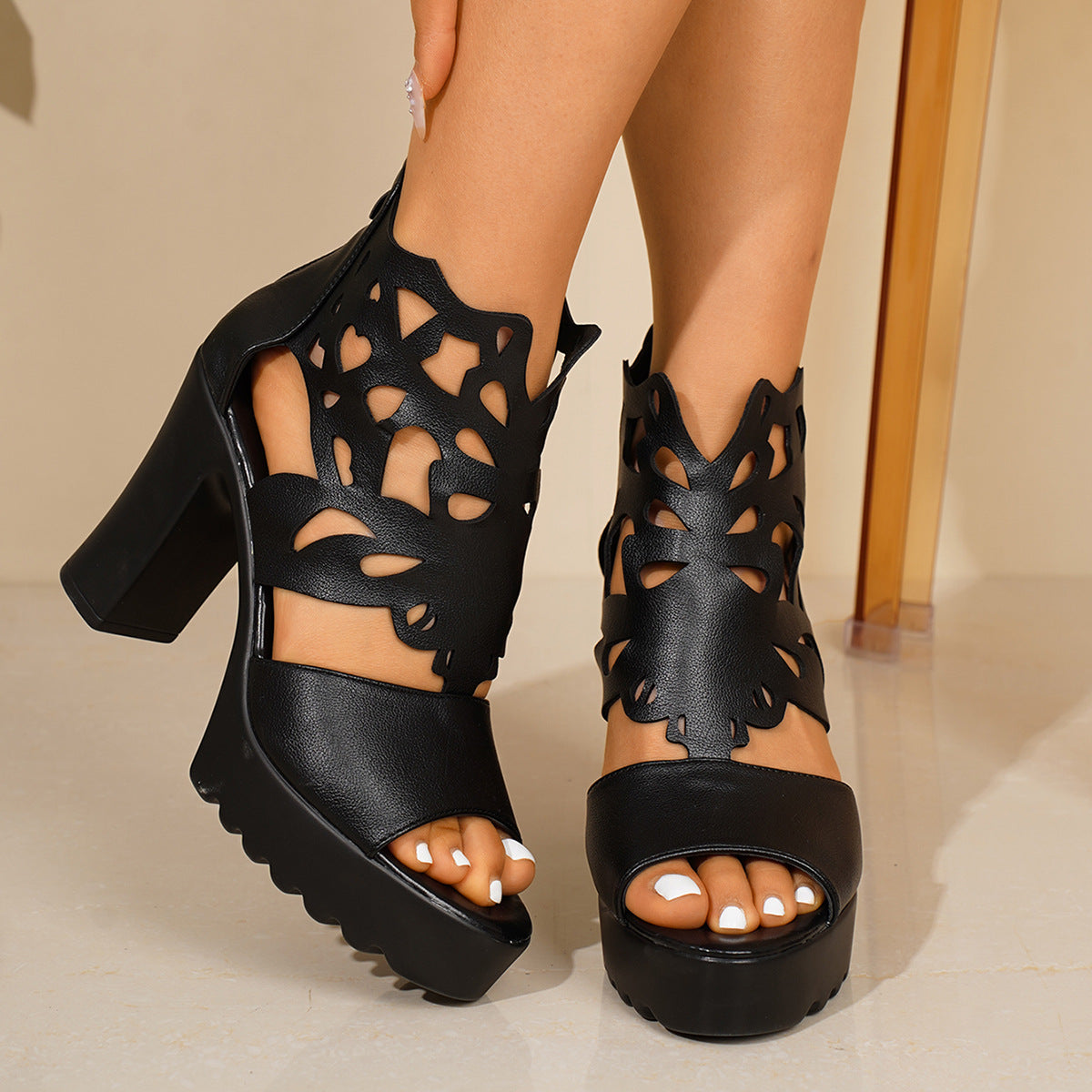 Women’s Arden Floral Cutout Block Heel Sandals – Back Zipper Elegant Roman Sandals (US 4–10.5)