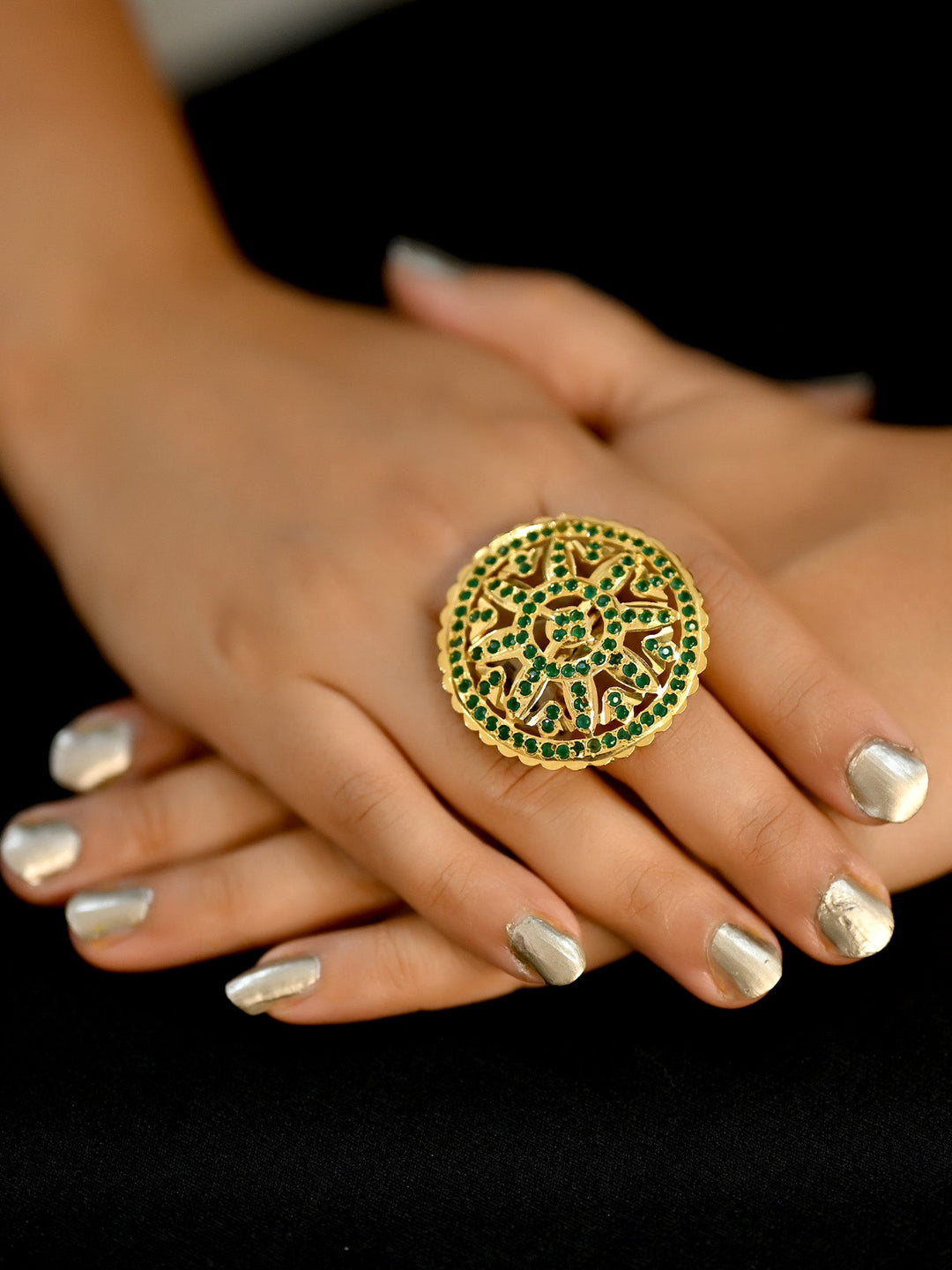 Handcrafted Devangi Green Jadau Finger Ring with intricate gold detailing