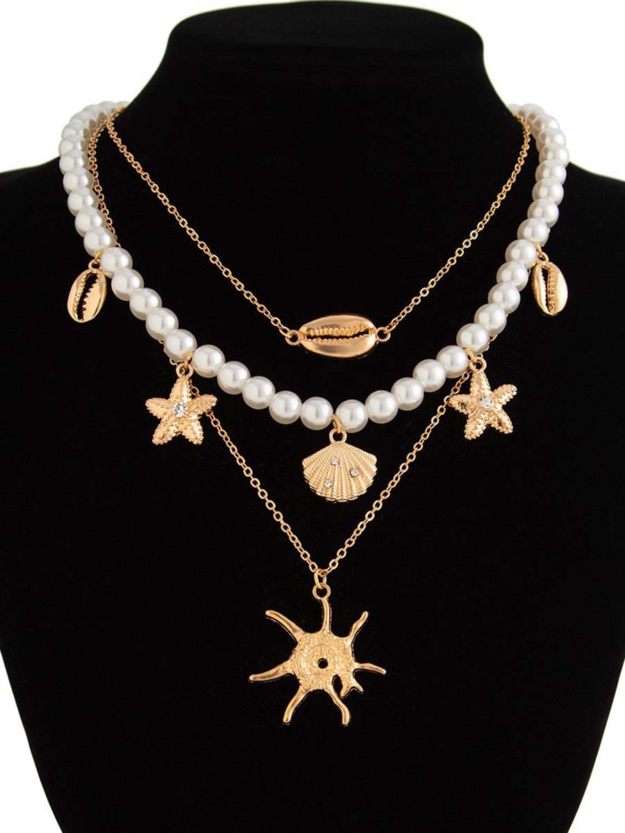 Bohemian Imitation Pearl Holiday Style Retro Starfish Shell Pendant Necklace Set  - By Qivii