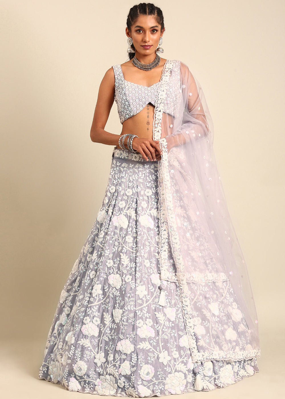 Silver Mauve Purple Georgette lehenga Choli with Sequins & Zarkan Embroidery | Ready To Wear - qivii