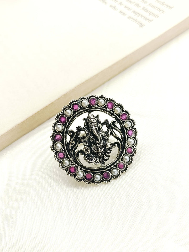 Eve Rose Pink Ganesh Ji Oxidized Finger Ring