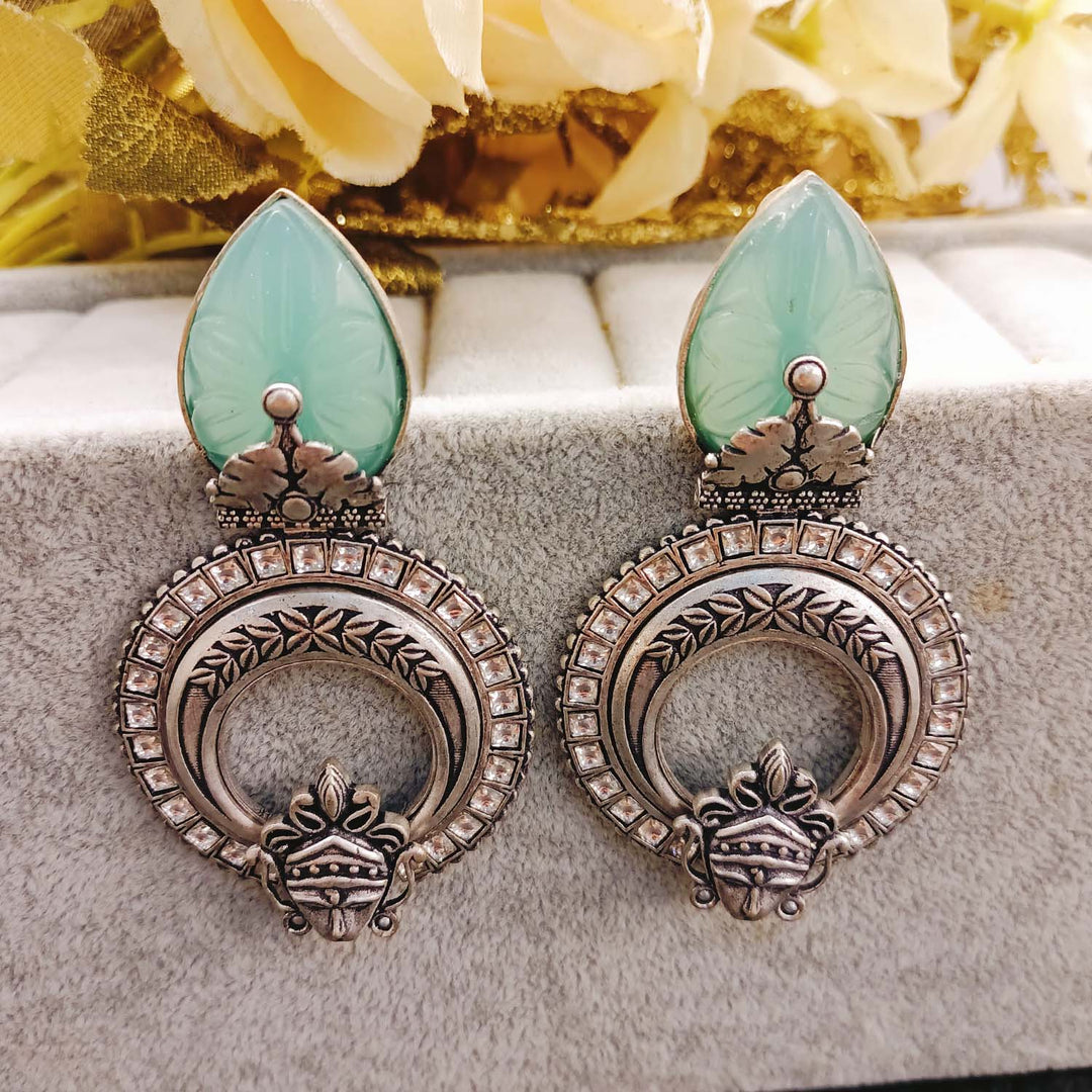 Mayura Mint Green Stone Temple Silver Plated Boutique Earrings