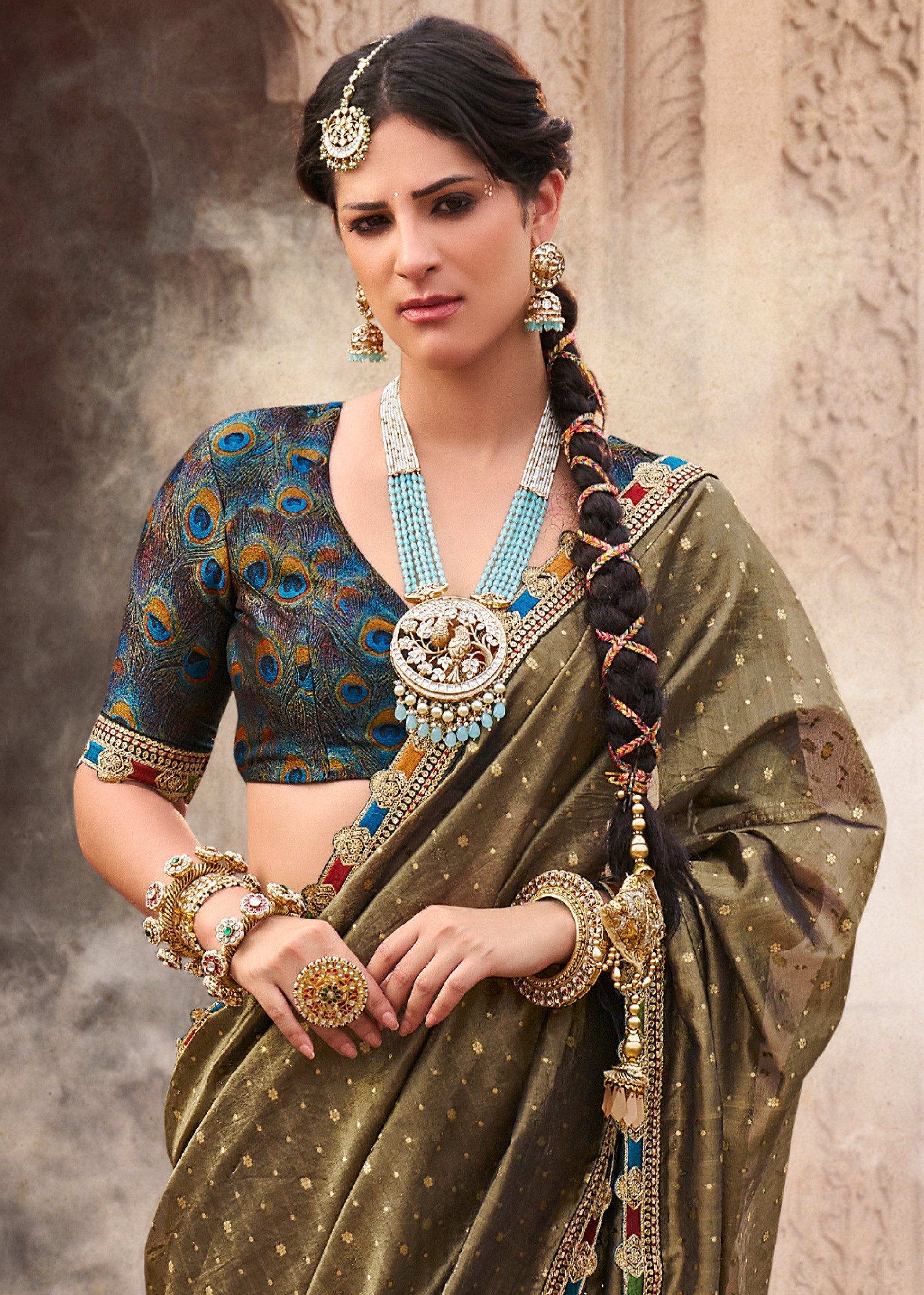 Army Green Tissue Silk Saree With Multicolored Lace & Designer Blouse - qivii