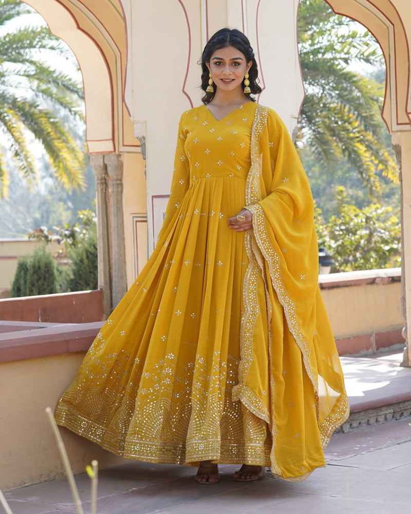 Yellow Color Full Flair Anarkali Gown With Embroidered Dupatta  - By Qivii