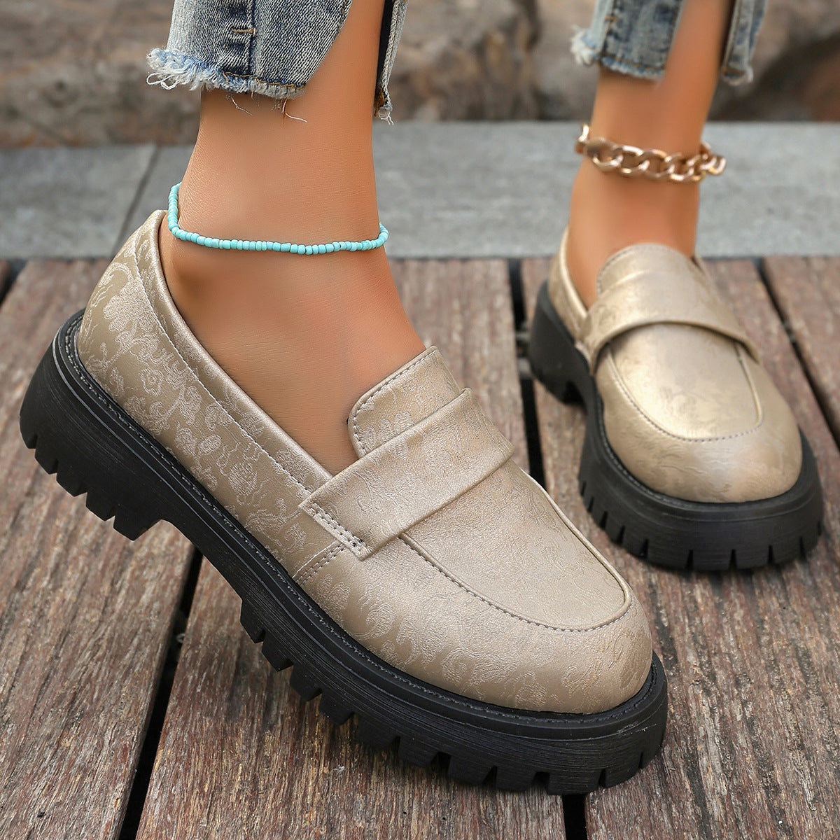 Women's Plus Size Premium Printed Platform Leather Loafers Casual Slip-On with Chunky Heel