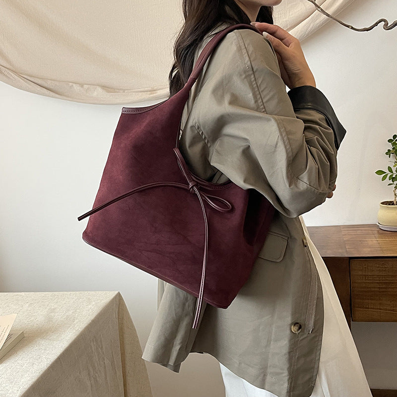 Women's Vintage Matte Tote Bag – Oversized Bow-Accent Shoulder Bag with Crossbody Strap