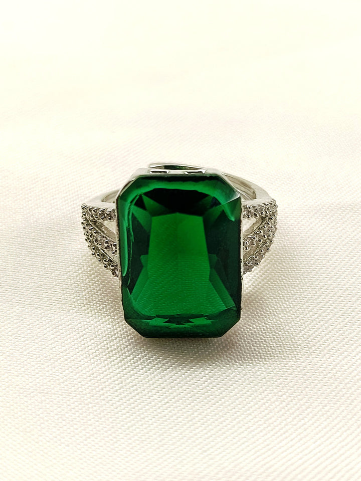  Exquisite Eliana Green American Diamond Finger Ring showcasing a dazzling green gemstone nestled in a sleek silver band