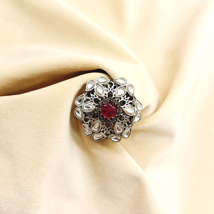 Handcrafted Indira Rose Pink Stone Oxidized Silver Boutique Ring with intricate silver details